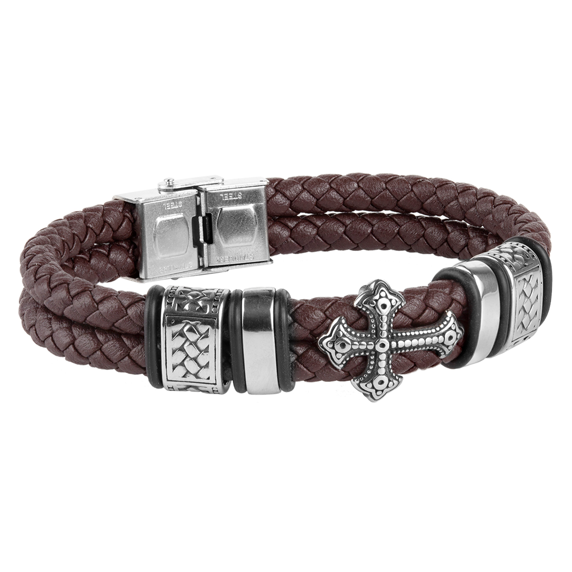 Pulsera doble de piel marrón trenzada con placa de acero motivo cruz