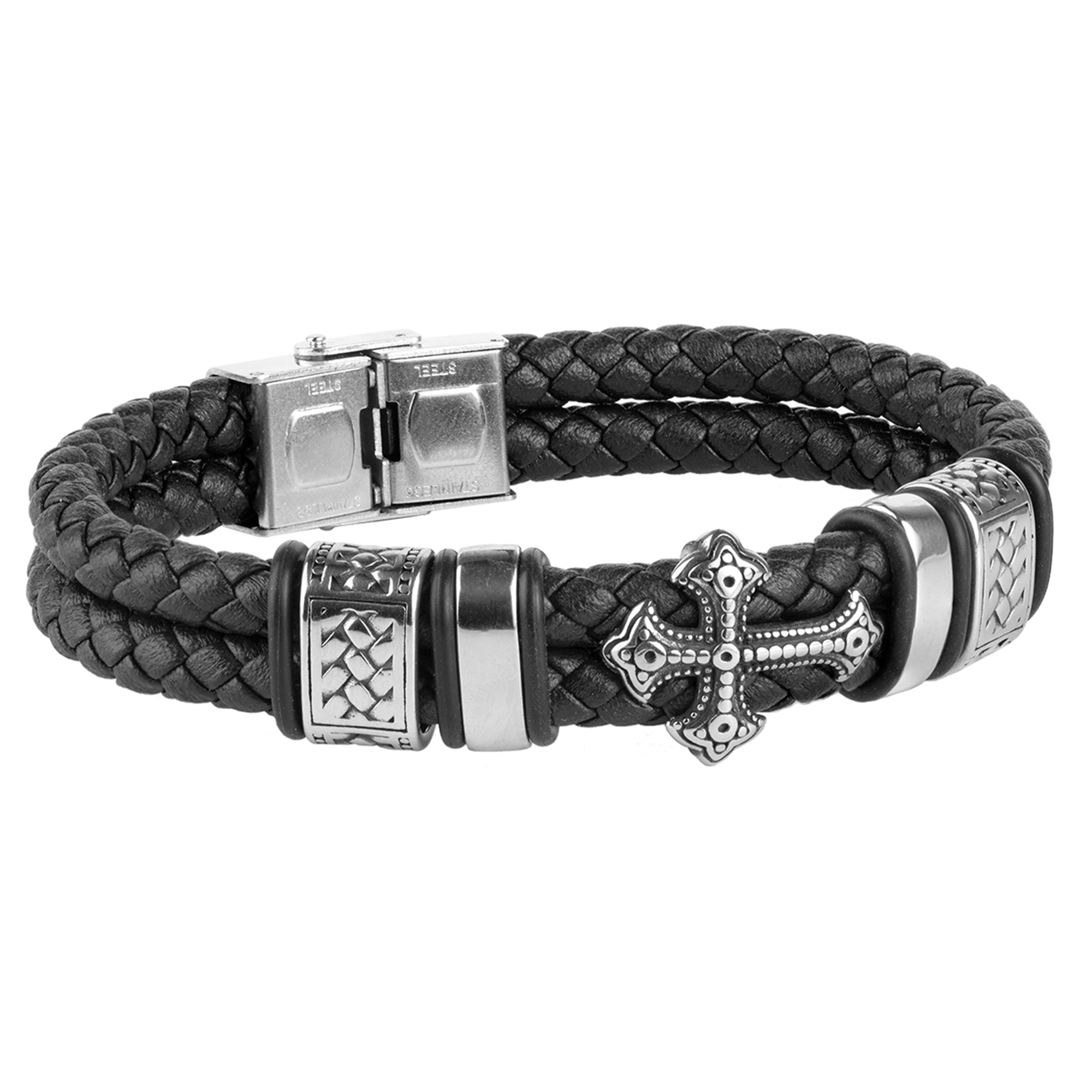 Pulsera doble de piel negra trenzada con placa de acero motivo cruz