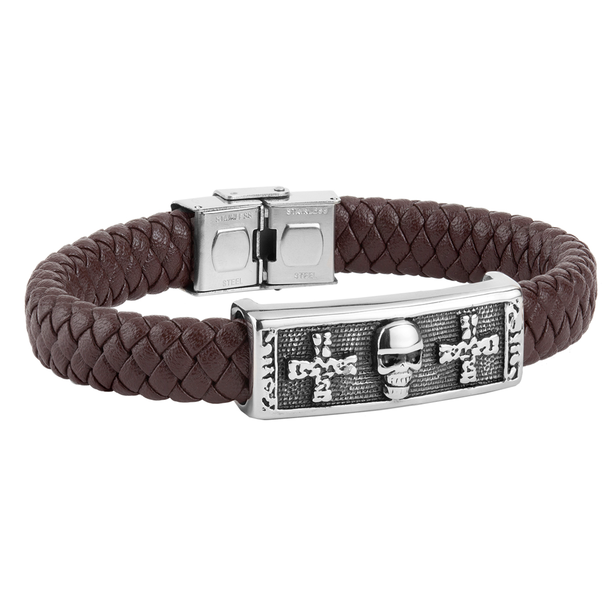 Pulsera hombre piel trenzada marrón con placa calavera acero