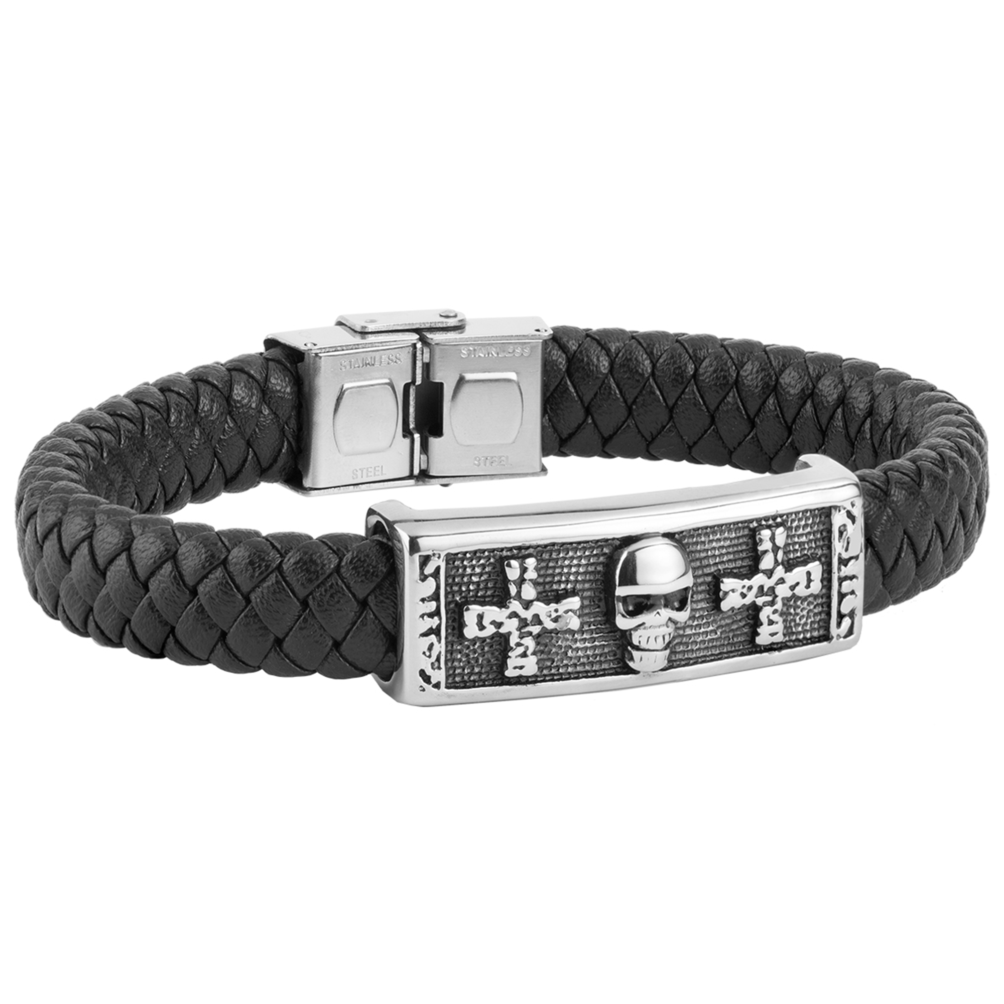 Pulsera hombre piel trenzada negra con placa calavera acero