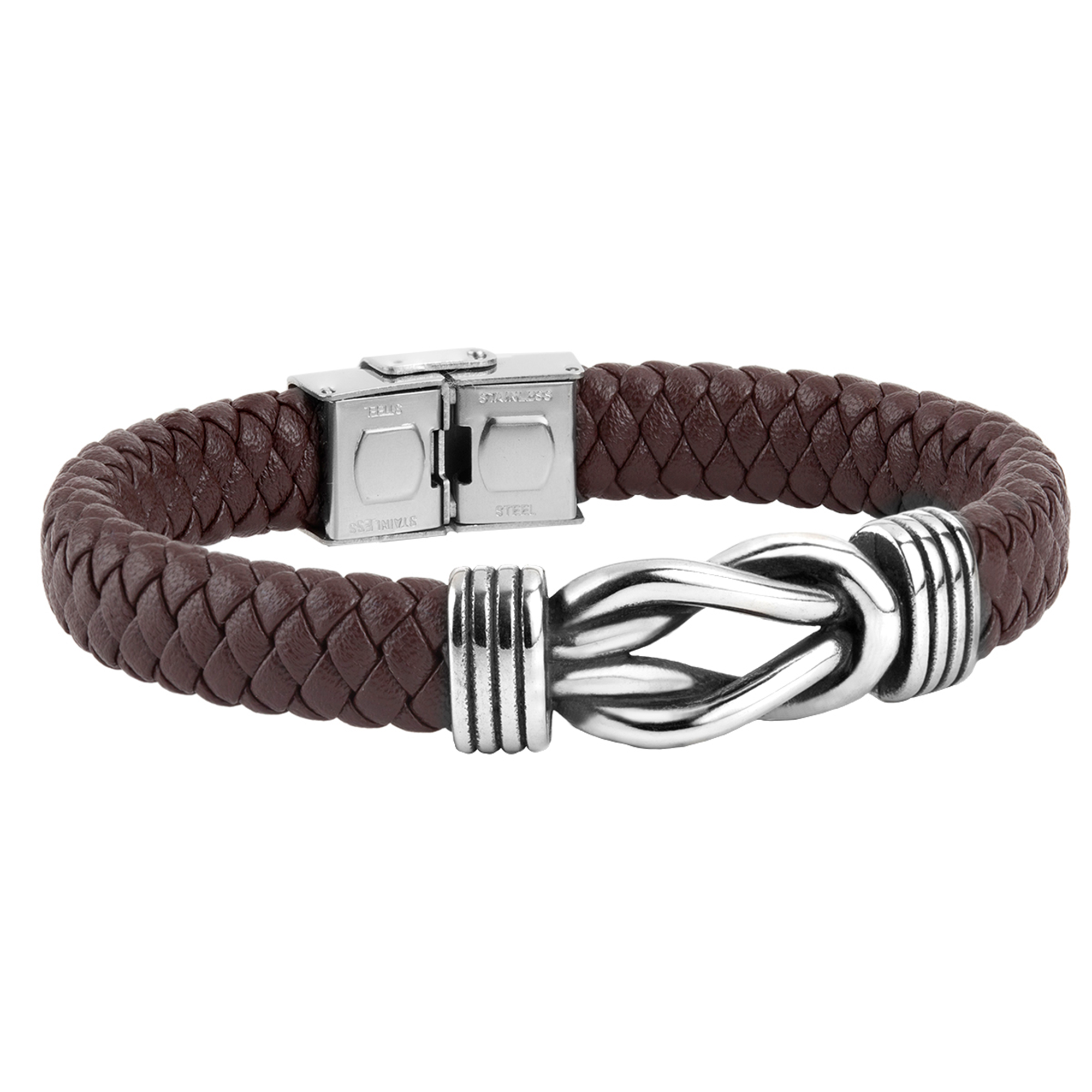 Pulsera de hombre de piel trenzada marrón y nudo de acero
