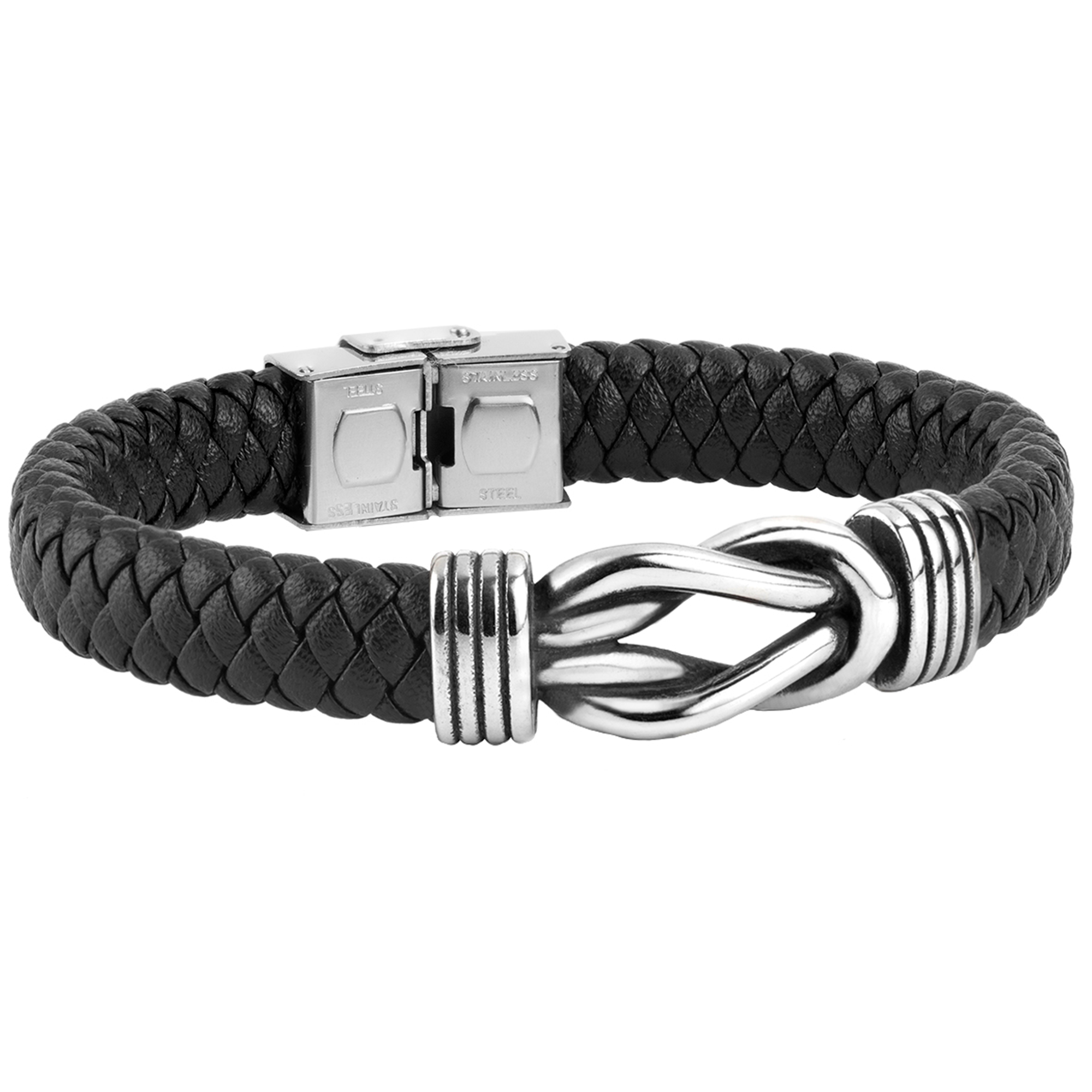 Pulsera de hombre de piel trenzada negro y nudo de acero