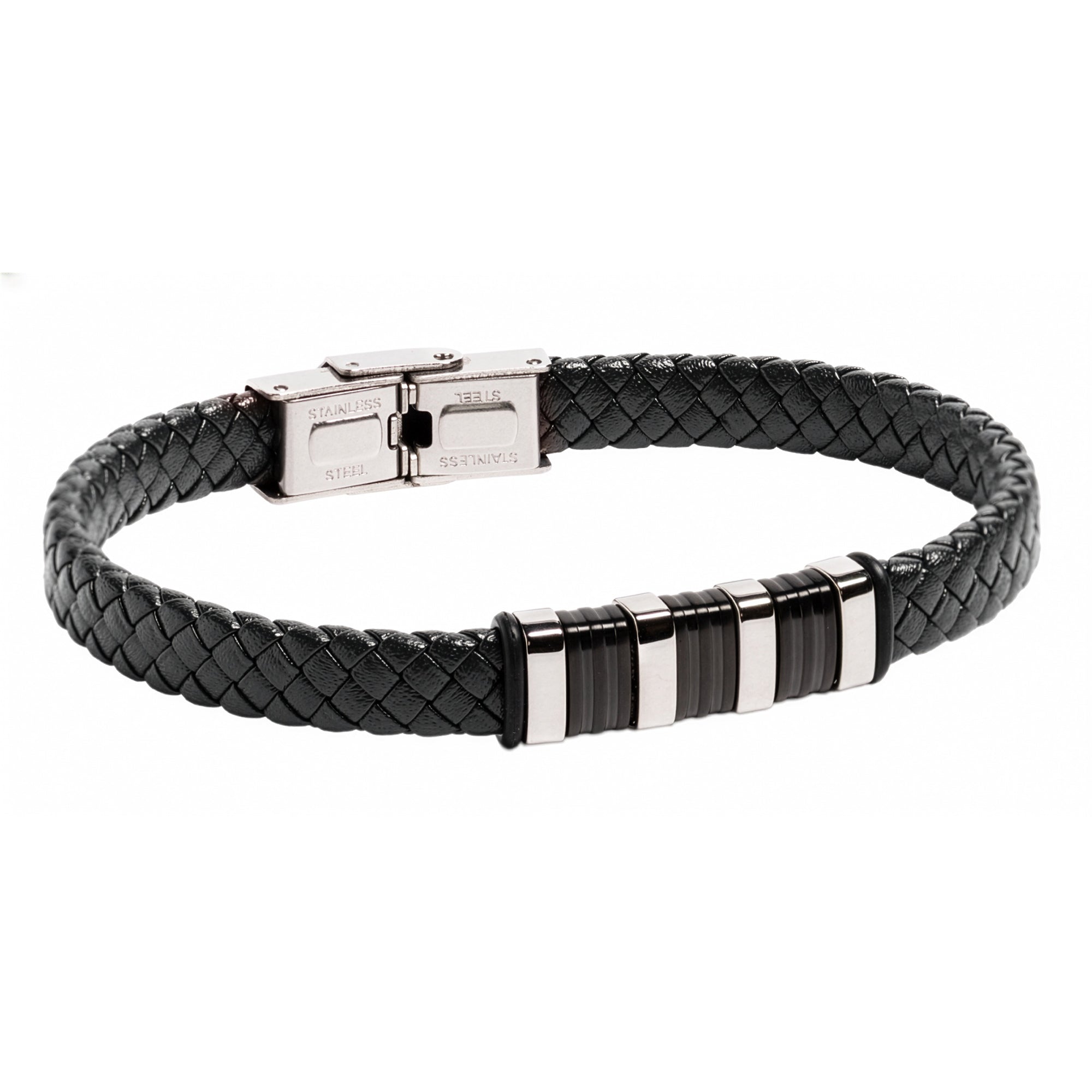 Pulsera Piel negra y acero Cierre pulsador 21cm