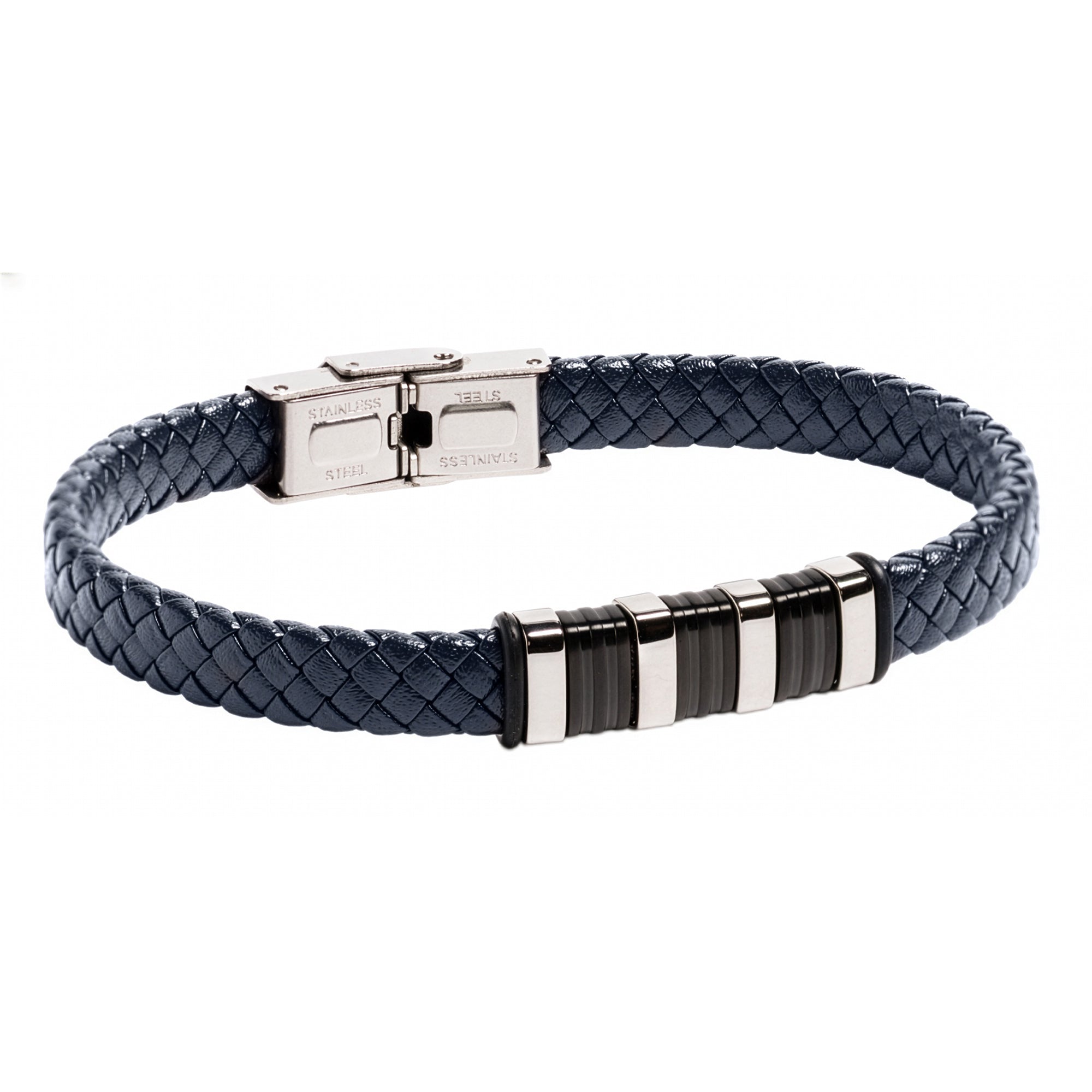 Pulsera Piel azul y acero Cierre pulsador 21cm
