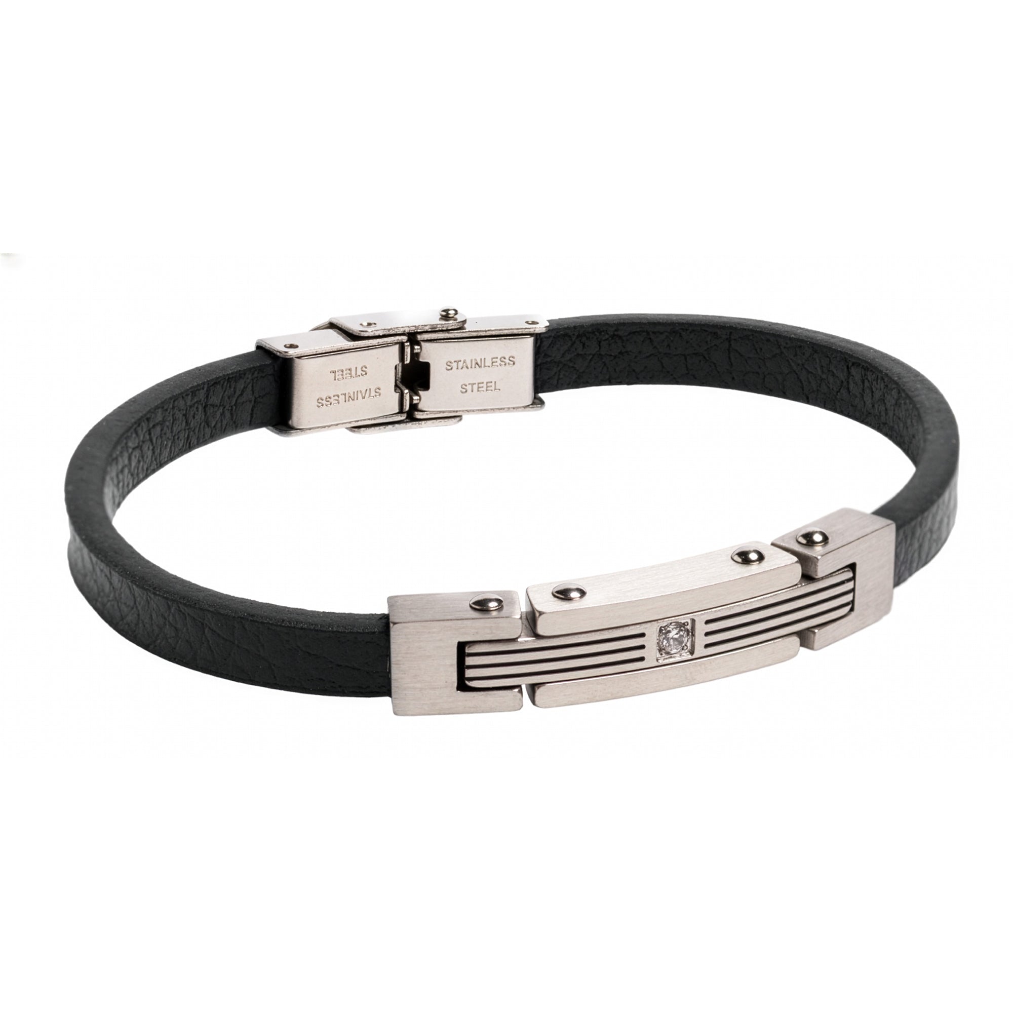 Pulsera Piel negra y acero Cierre pestaña 21cm