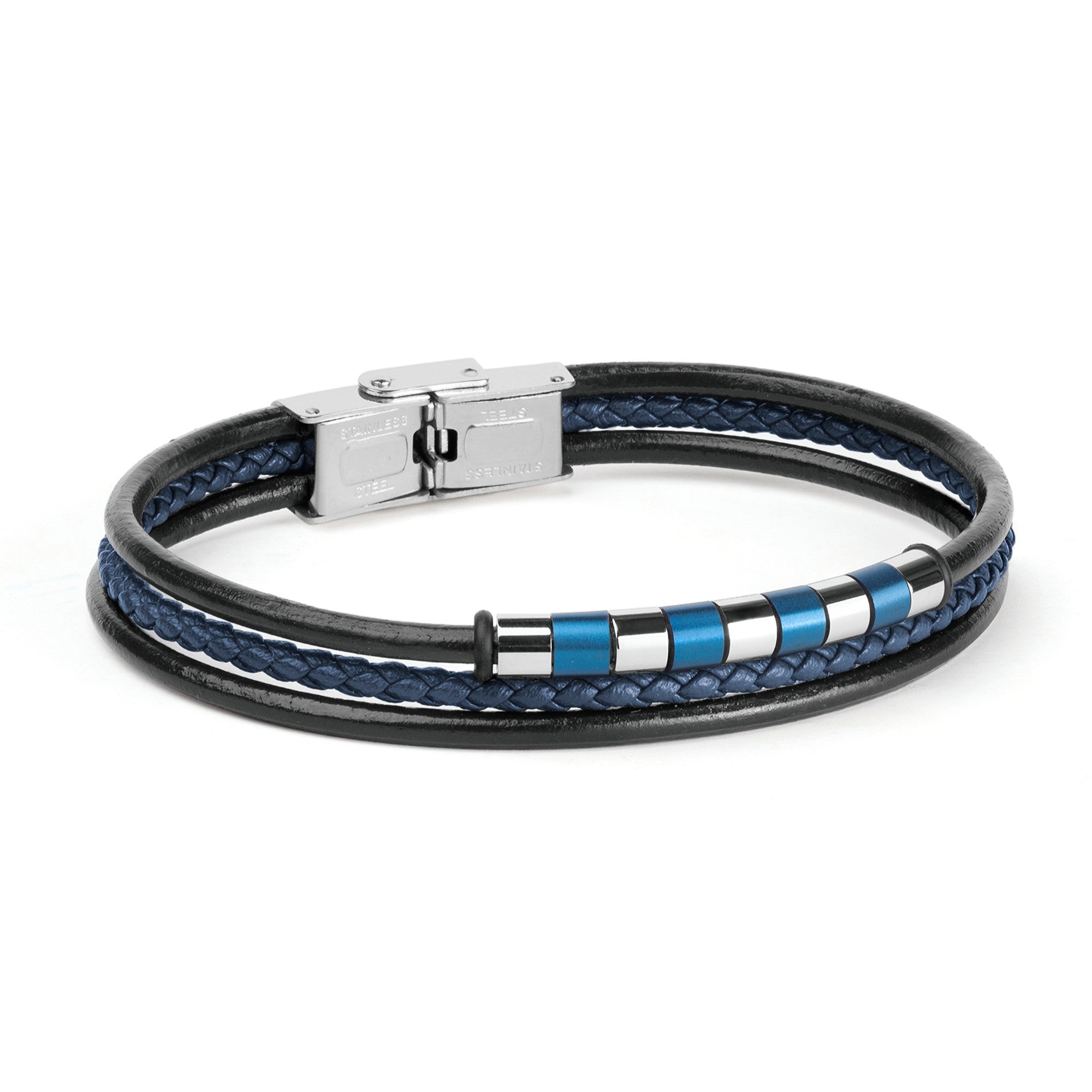 Pulsera Piel negra y azul cierre pestaña
