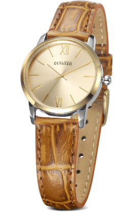 Reloj con caja acero bisel Ip dorado con correa marron