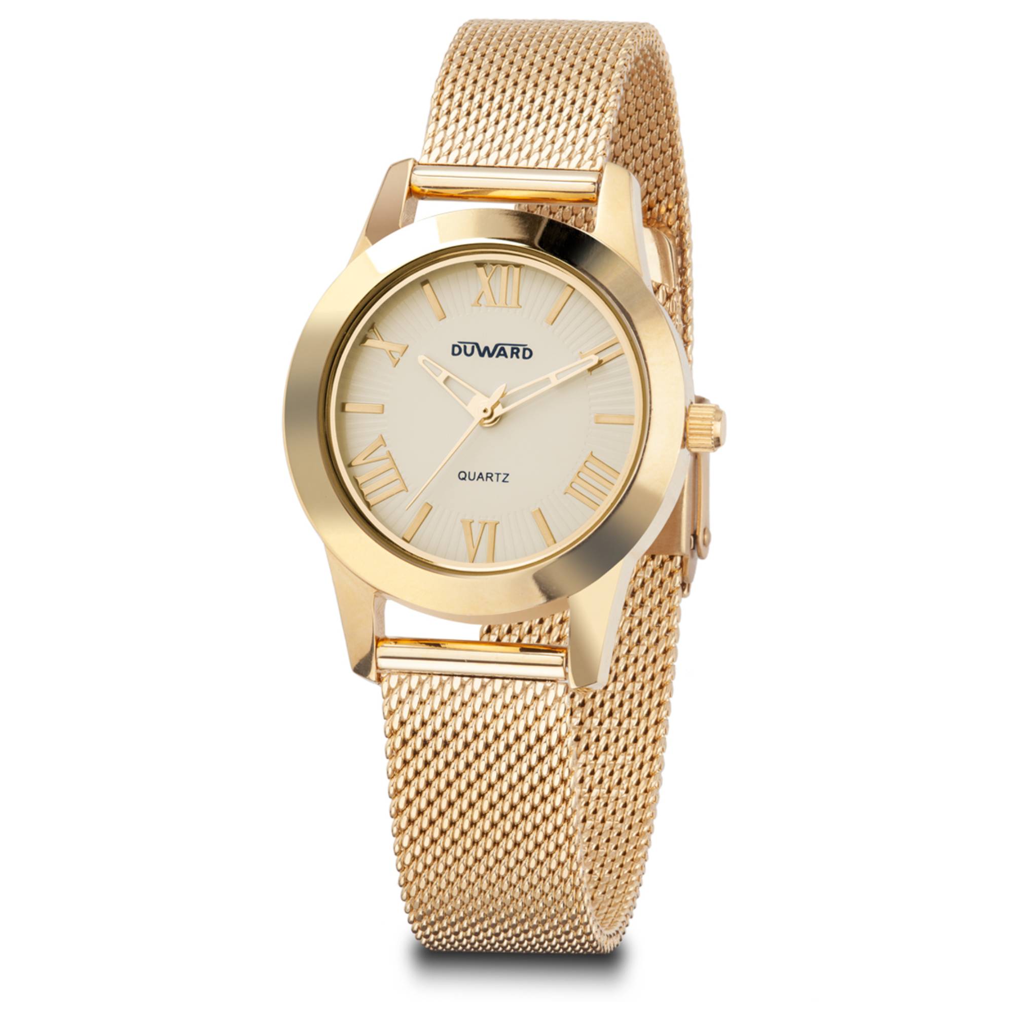 Reloj mujer caja de acero Ip dorado, brazalete esterilla