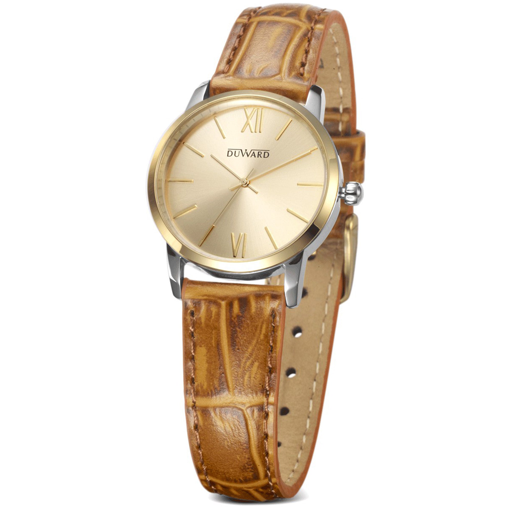 Reloj  con caja acero  bisel Ip dorado con correa marron