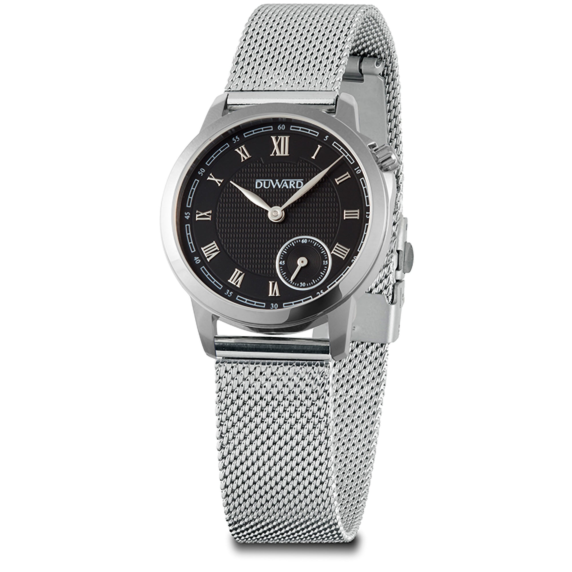 Reloj de mujer con caja acero esfera negra y números romanos malla