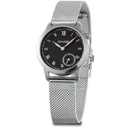 Reloj de mujer con caja acero esfera negra y números romanos malla