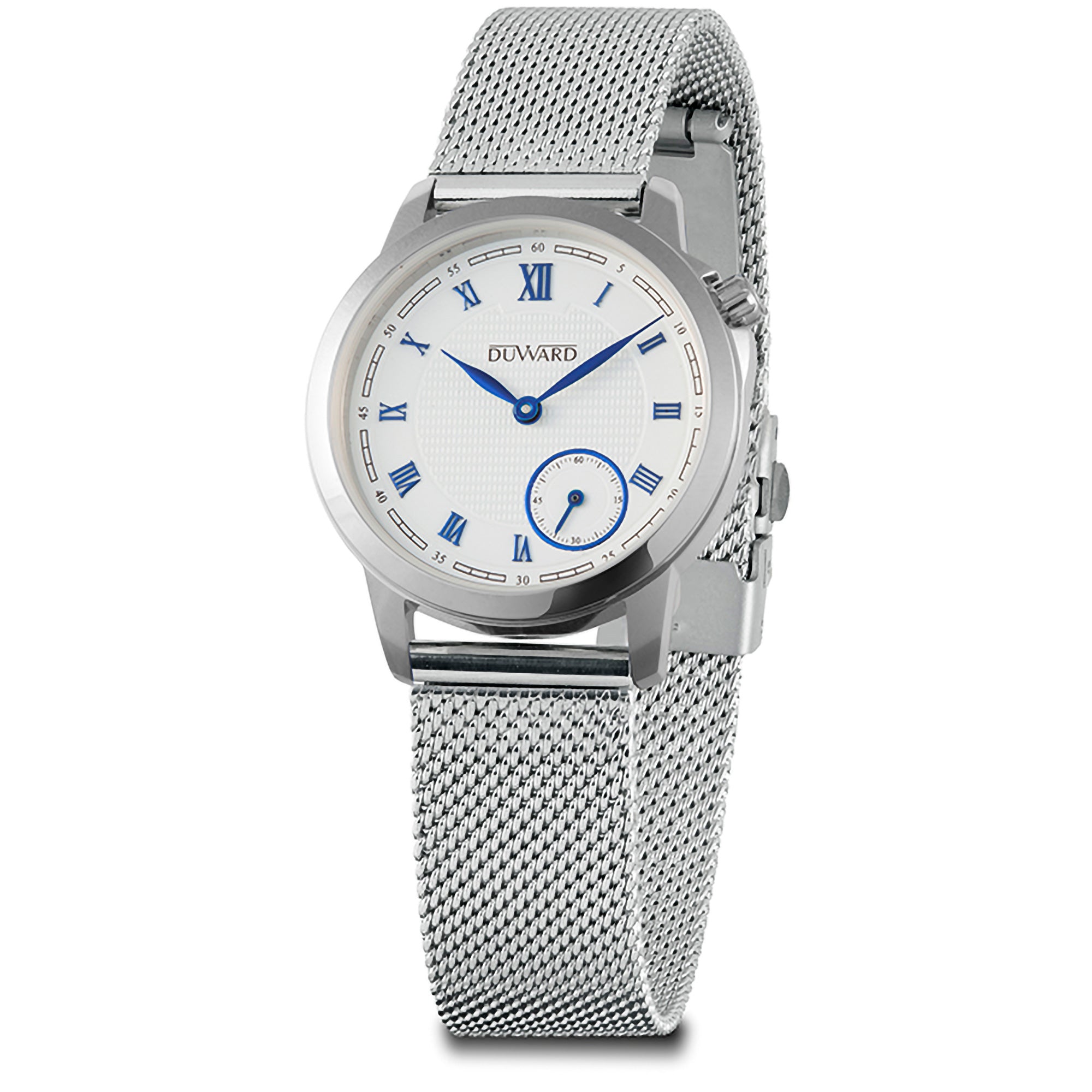 Reloj de mujer con caja acero esfera azul e números romanos plateados malla