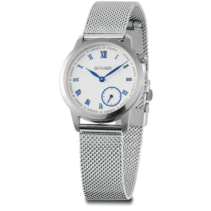 Reloj de mujer con caja acero esfera azul e números romanos plateados malla