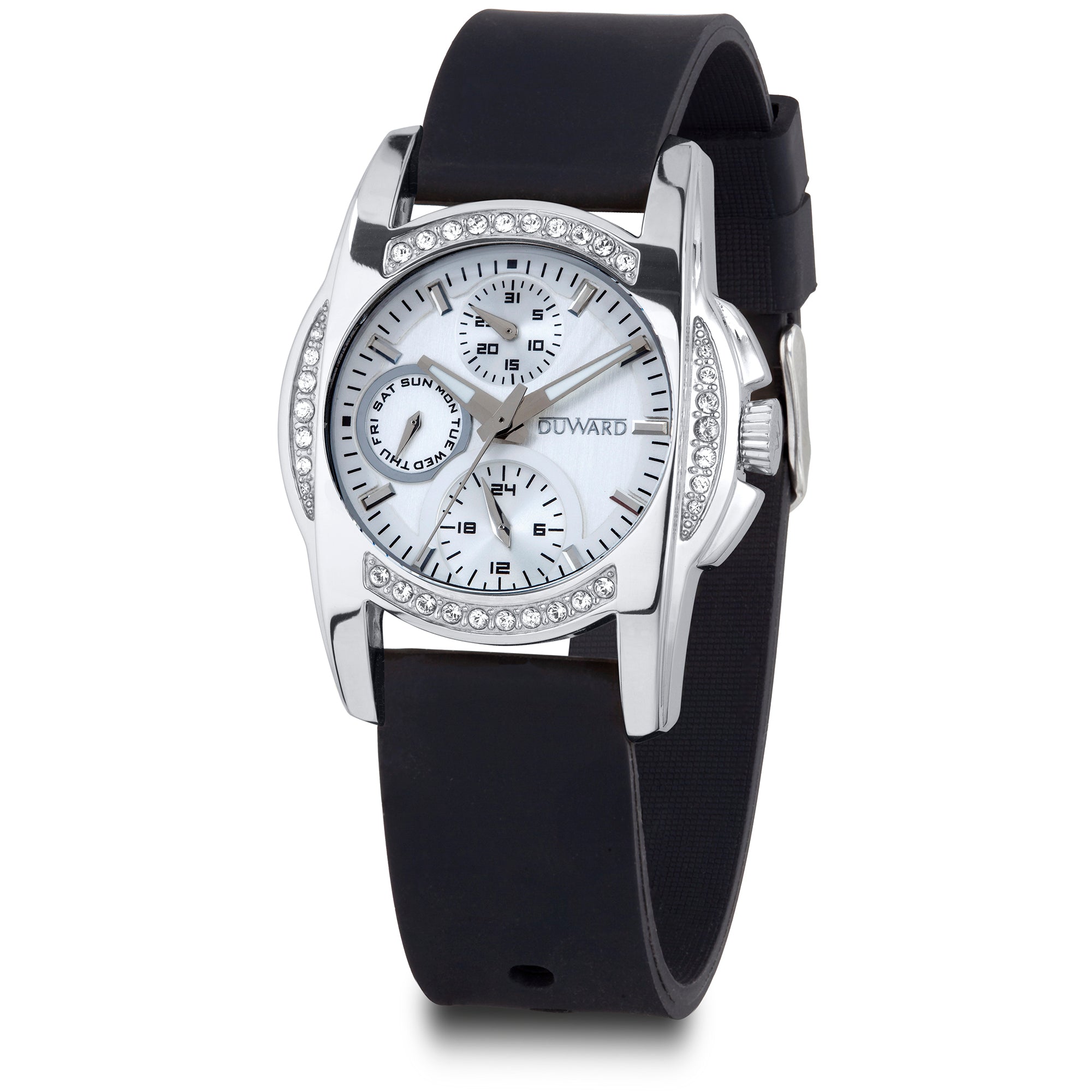 Reloj Mujer Informal Multifunción caja acero esfera blanca y correa negra