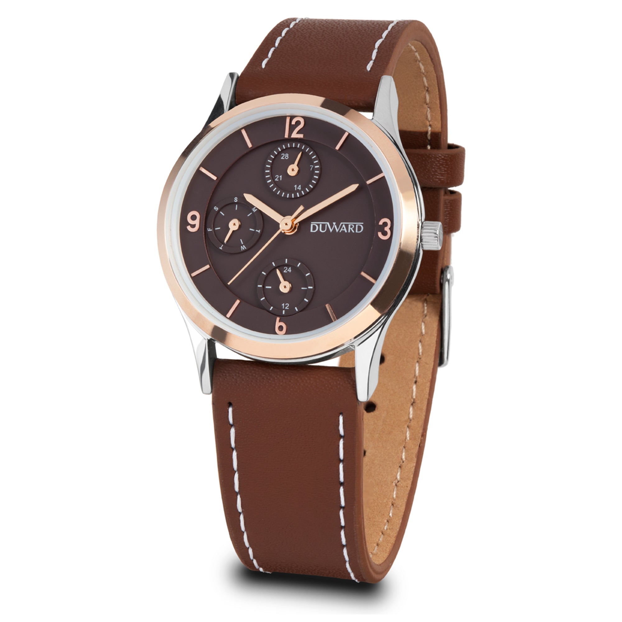 Reloj de mujer multifunción caja de acero e bisel en ip rosado, 5 atm, esfera y correa piel  marron