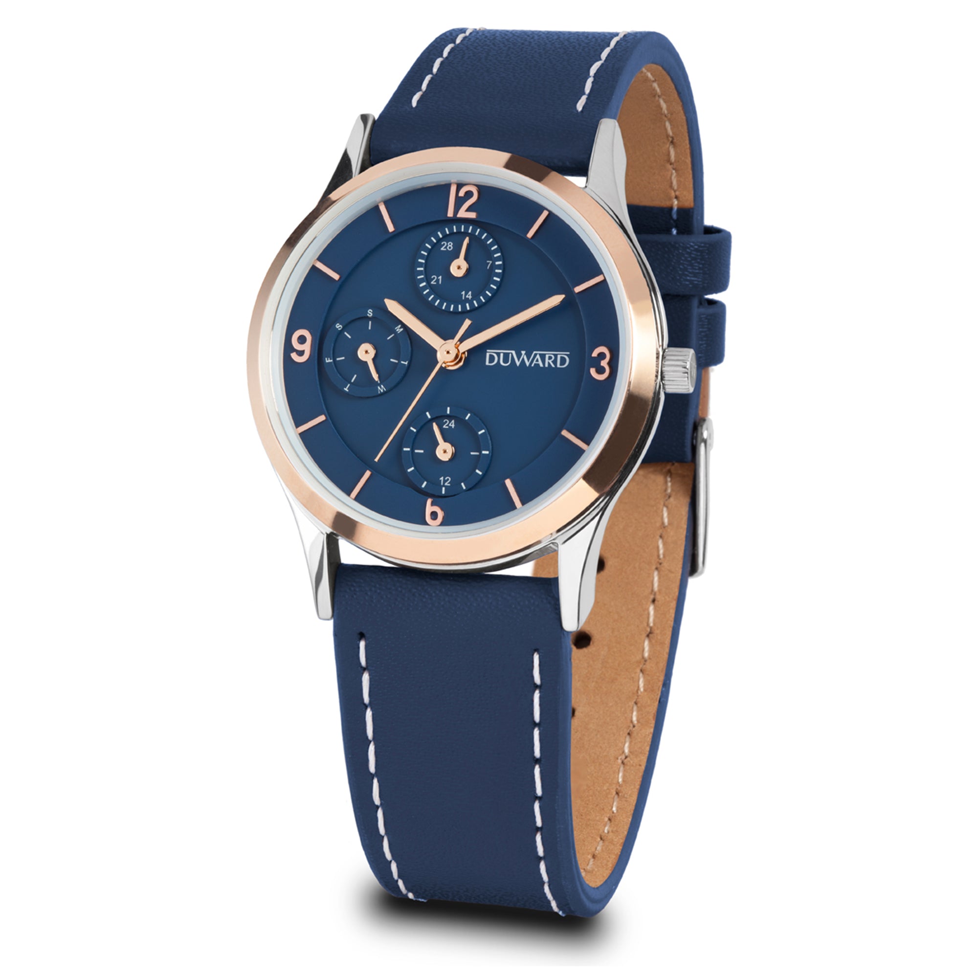 Reloj de mujer multifunción caja de acero e bisel en ip rosado, 5 atm, esfera y correa piel azul