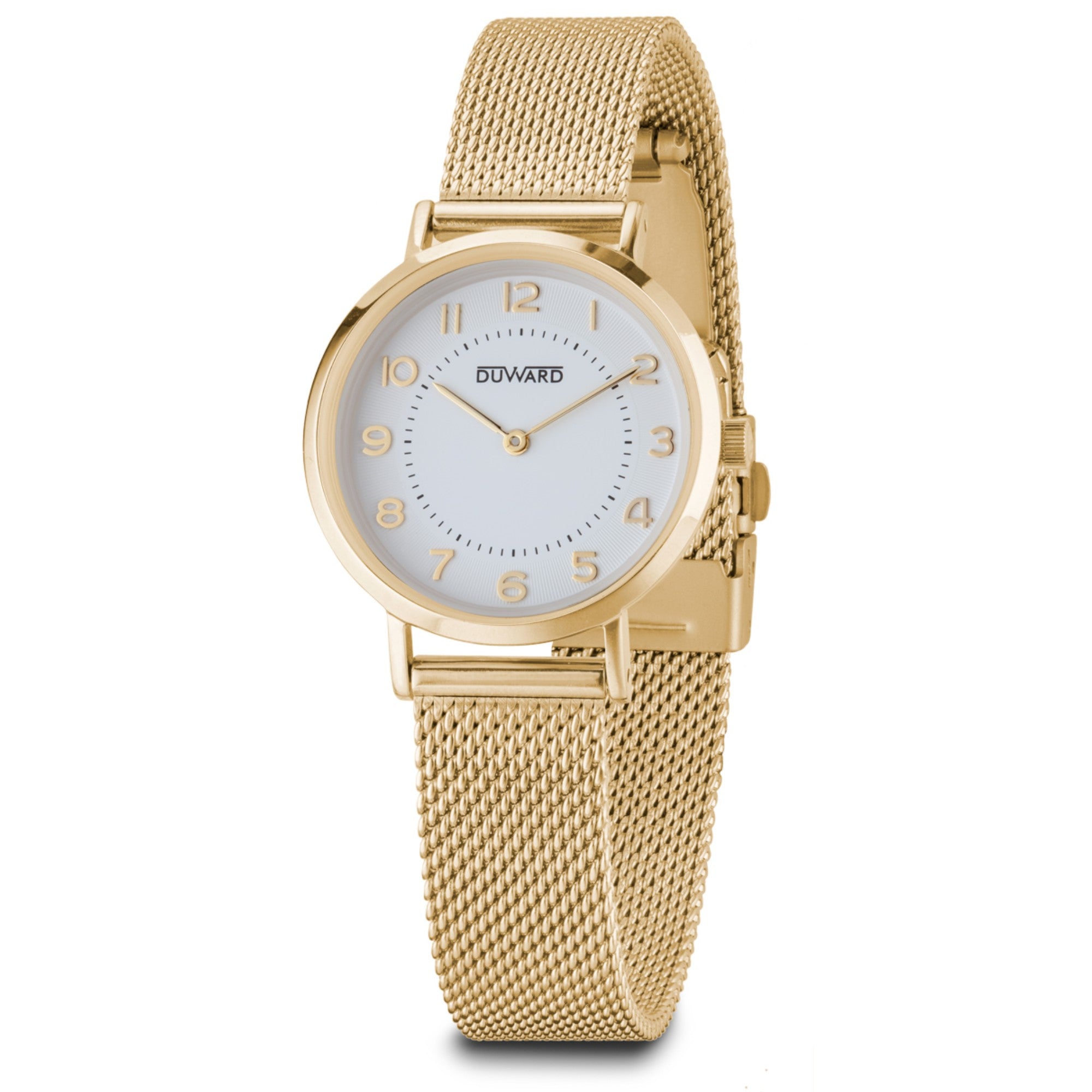 Reloj de mujer caja extraplana acero Ip dorado y esfera con numeros arabes malla milanesa