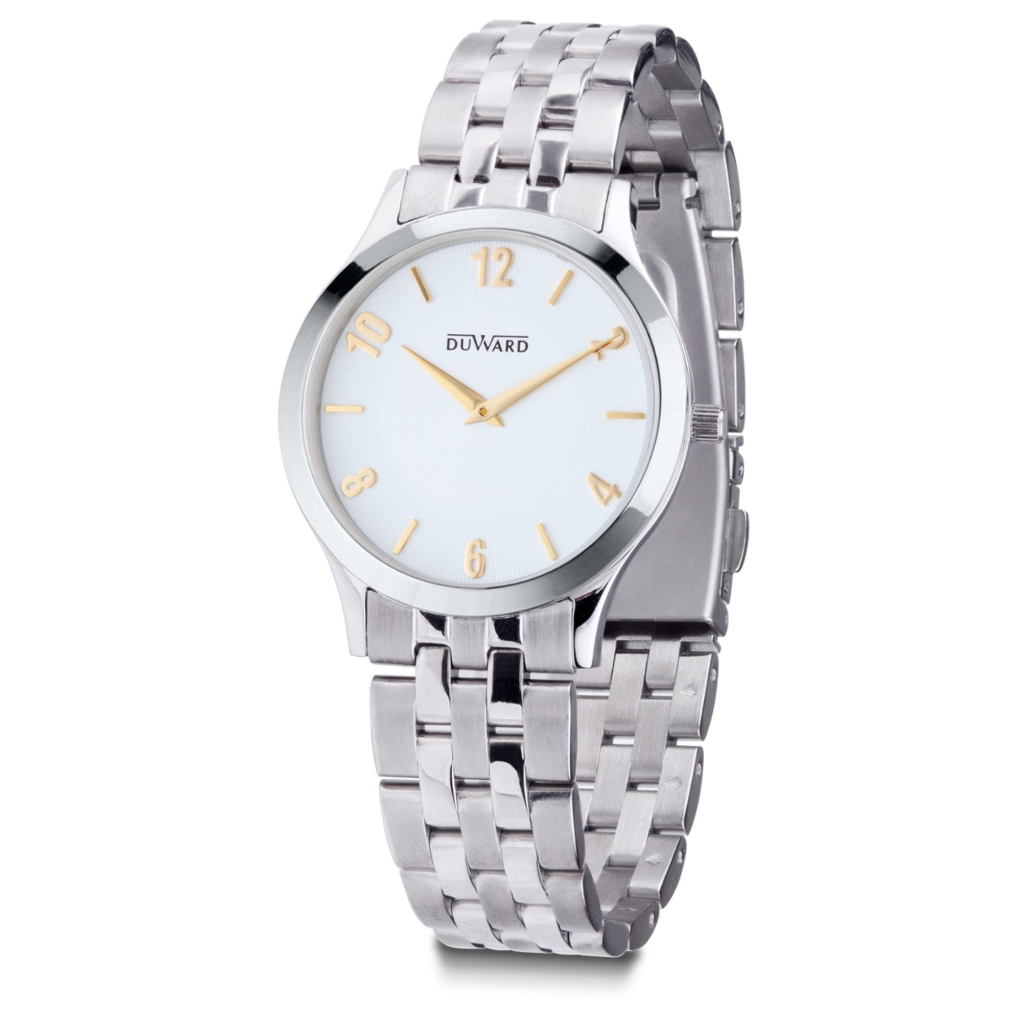 Reloj mujer acero con caja extraplana esfera blanca con indices dorados