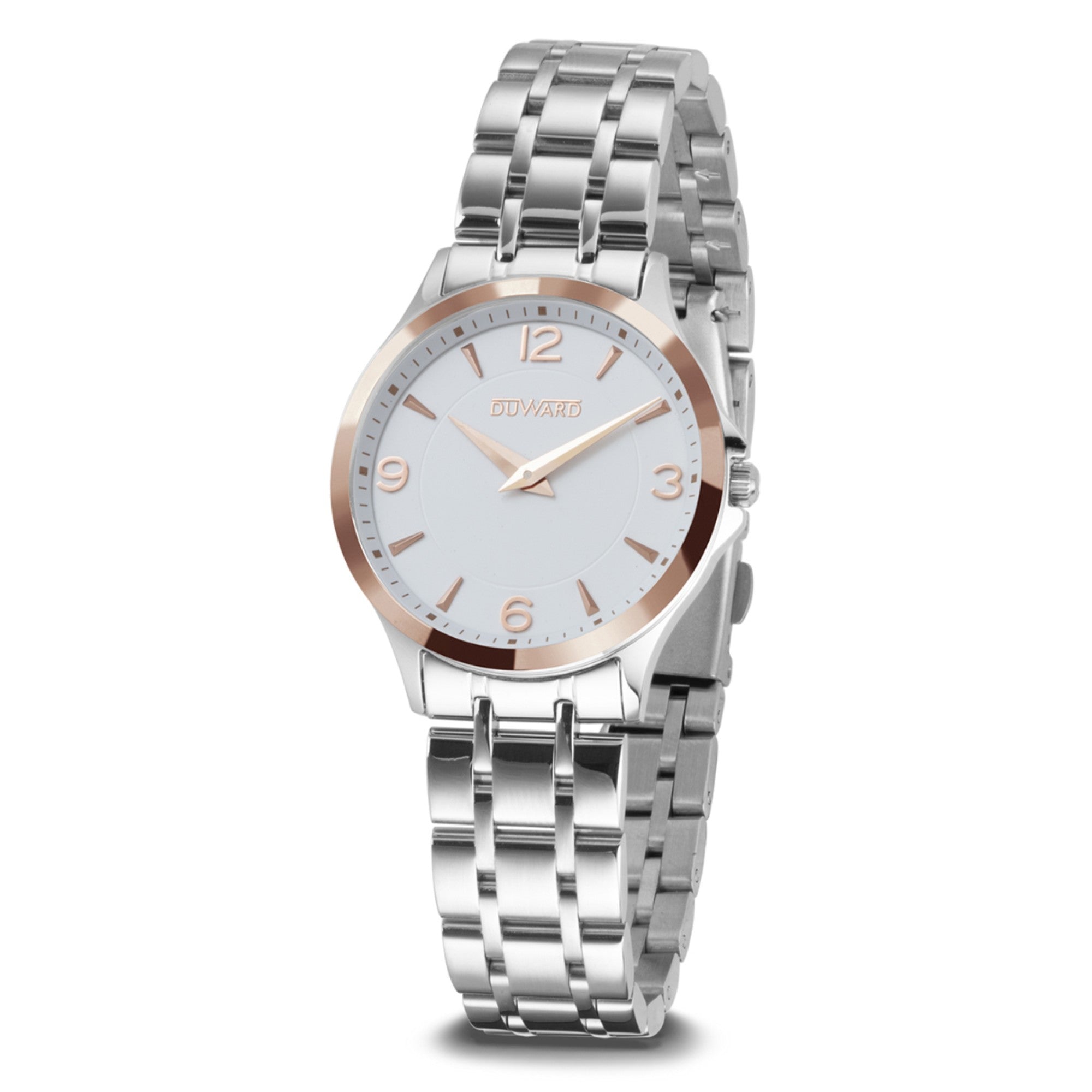 Reloj de Mujer Elegante caja acero IP rosada esfera blanca 5 Atm