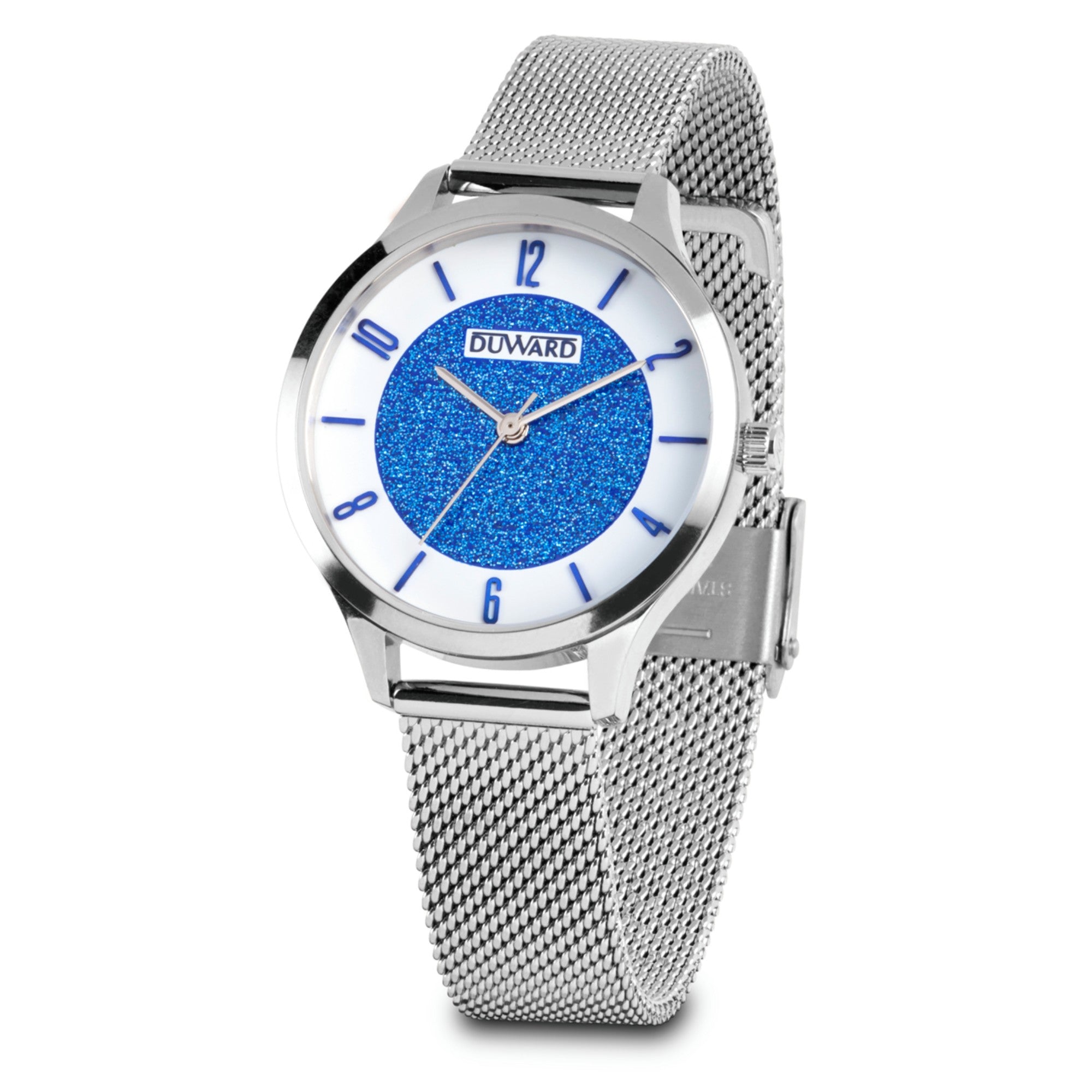 Reloj de Señora Brazalete caja acero esfera Blanca y azul malla