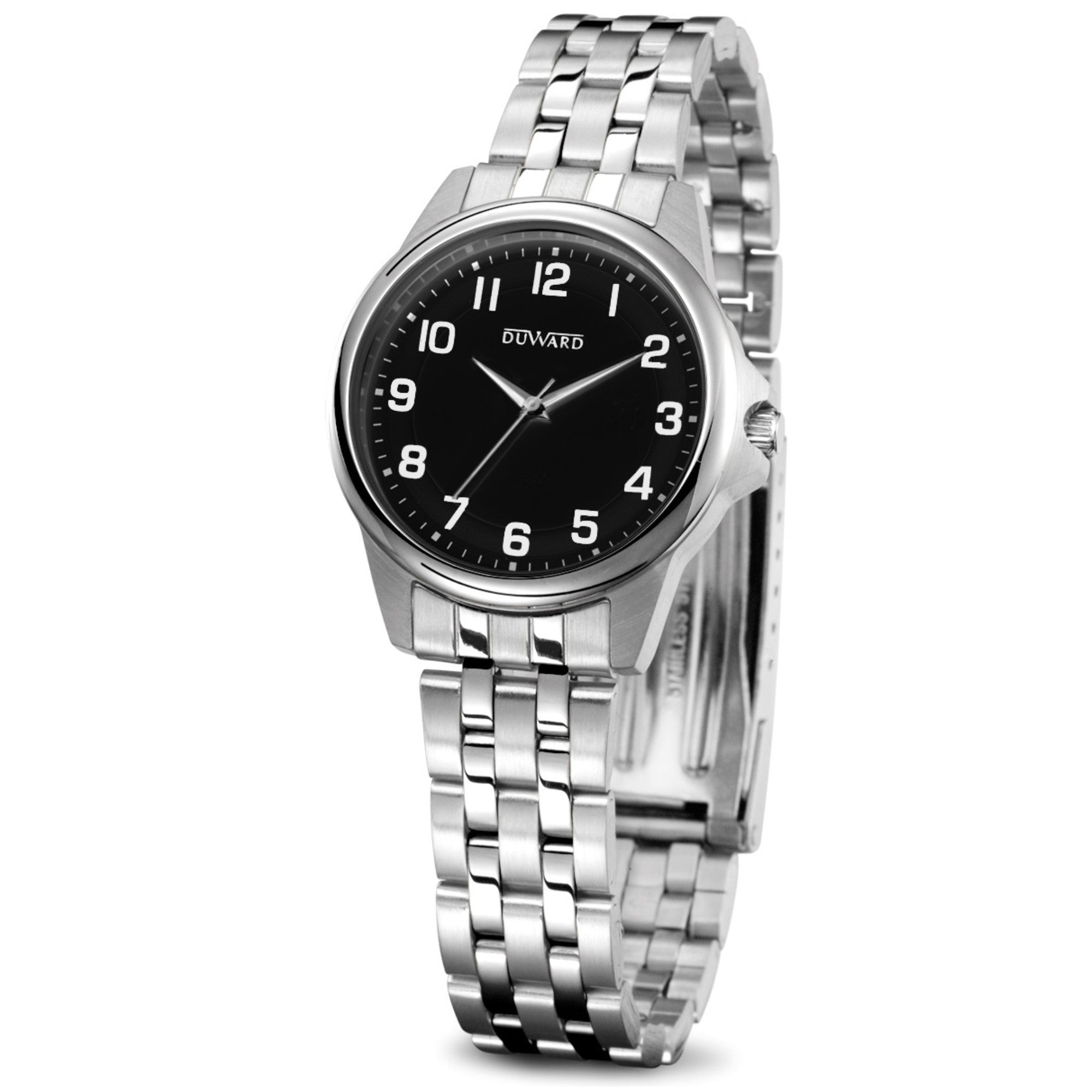 Reloj acero mujer 5 atm con esfera negra números árabes blancos