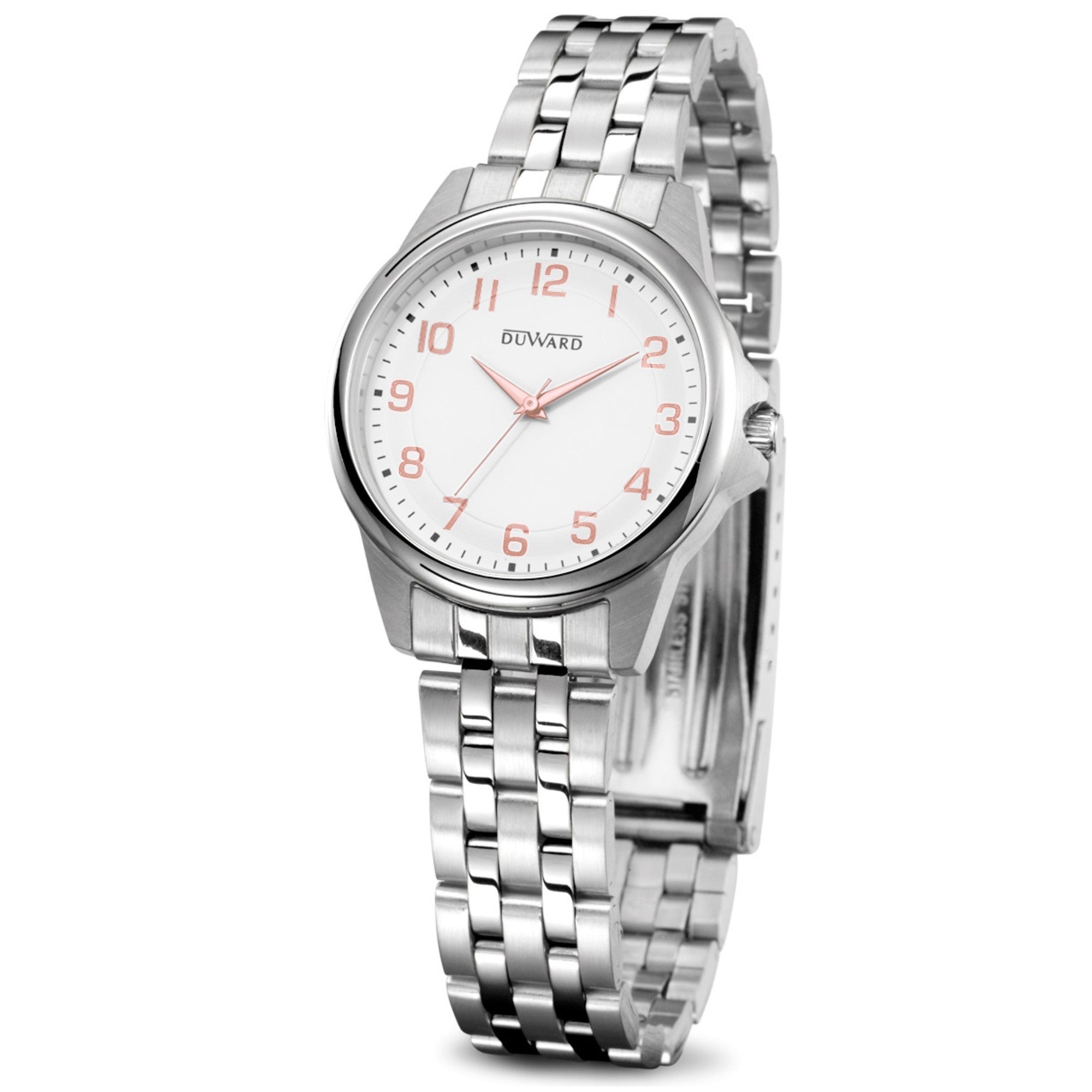 Reloj acero mujer  5 atm con esfera blanca números árabes rosados