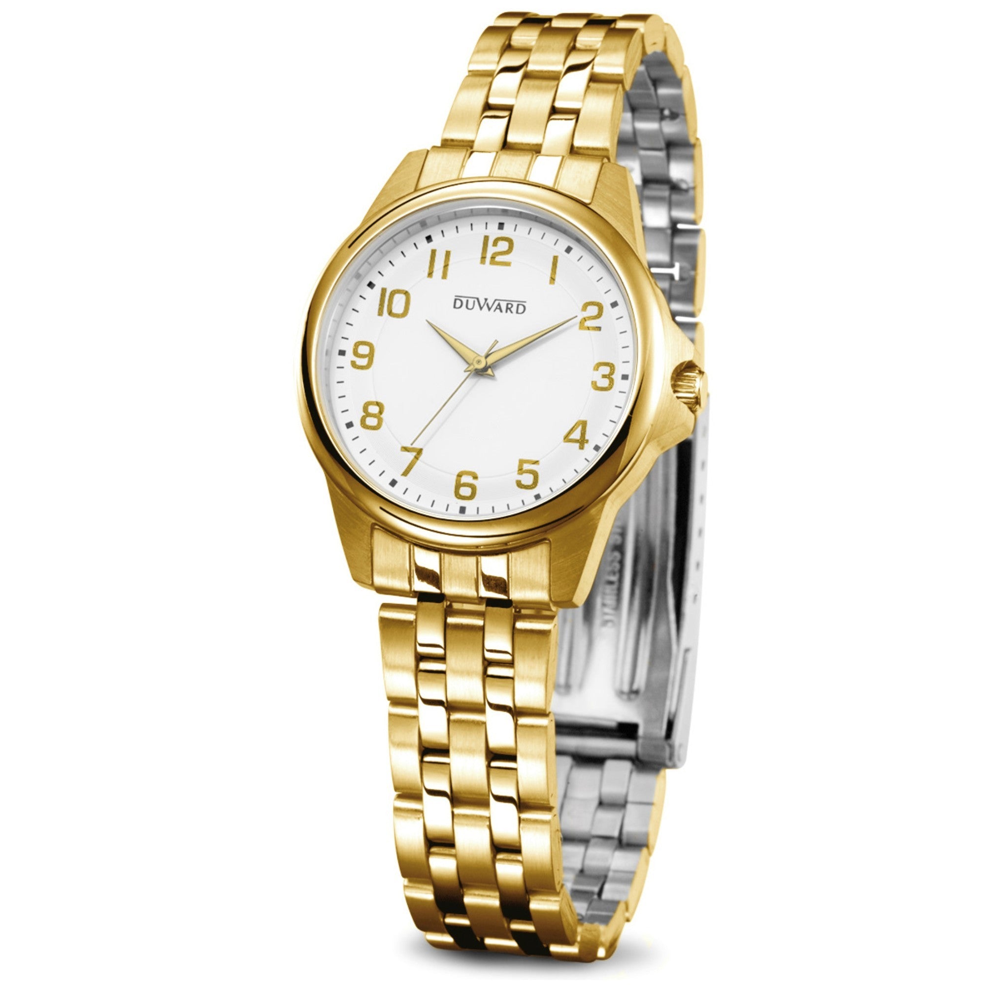 Reloj acero dorado mujer 5 atm con esfera blanca números árabes dorados