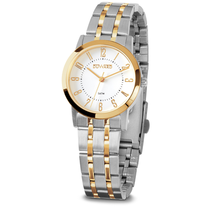 Reloj de mujer  bicolor Ip dorado  5 atm esfera blanca numeros arabes dorados