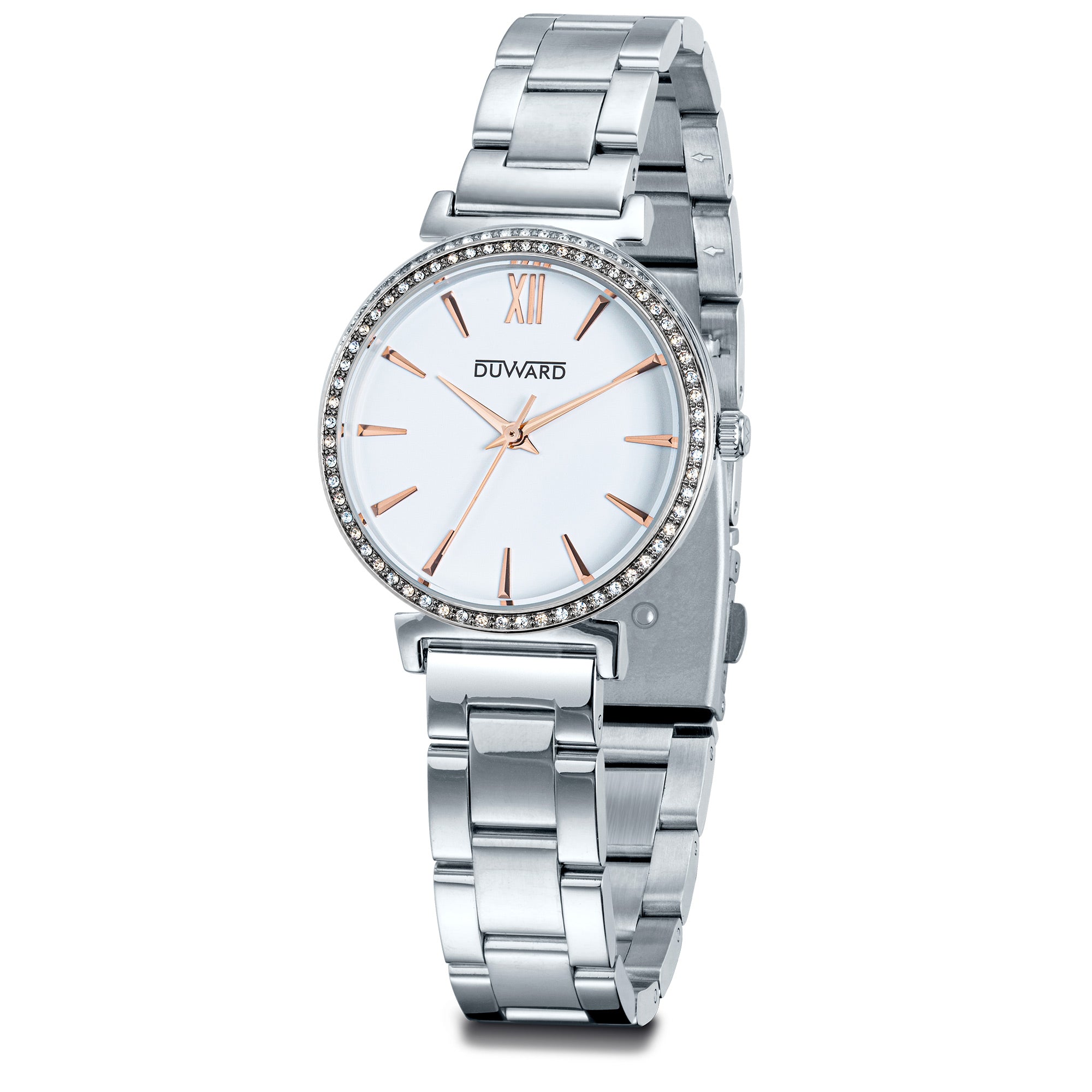 Reloj mujer clásico 3 atm esfera blanca y rosada  con circonitas
