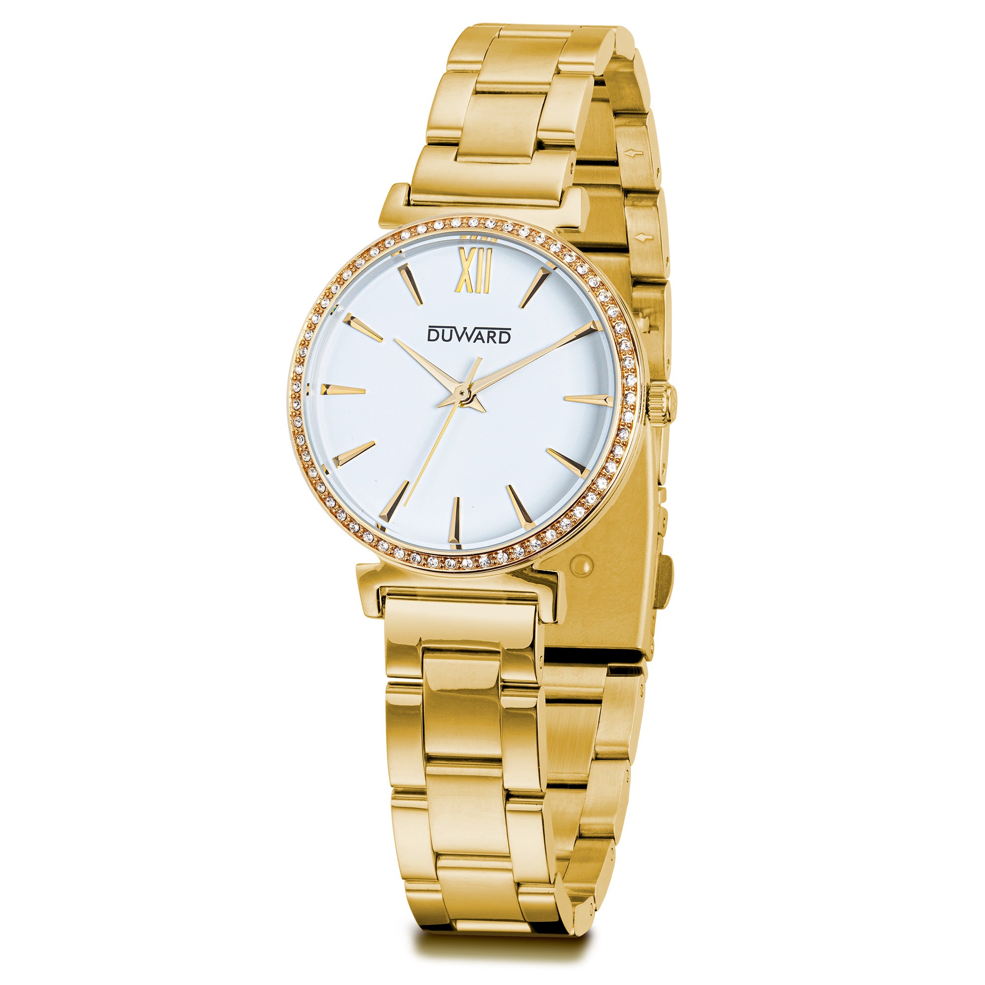 Reloj mujer clásico 3 atm esfera blanca IPDorado con circonitas