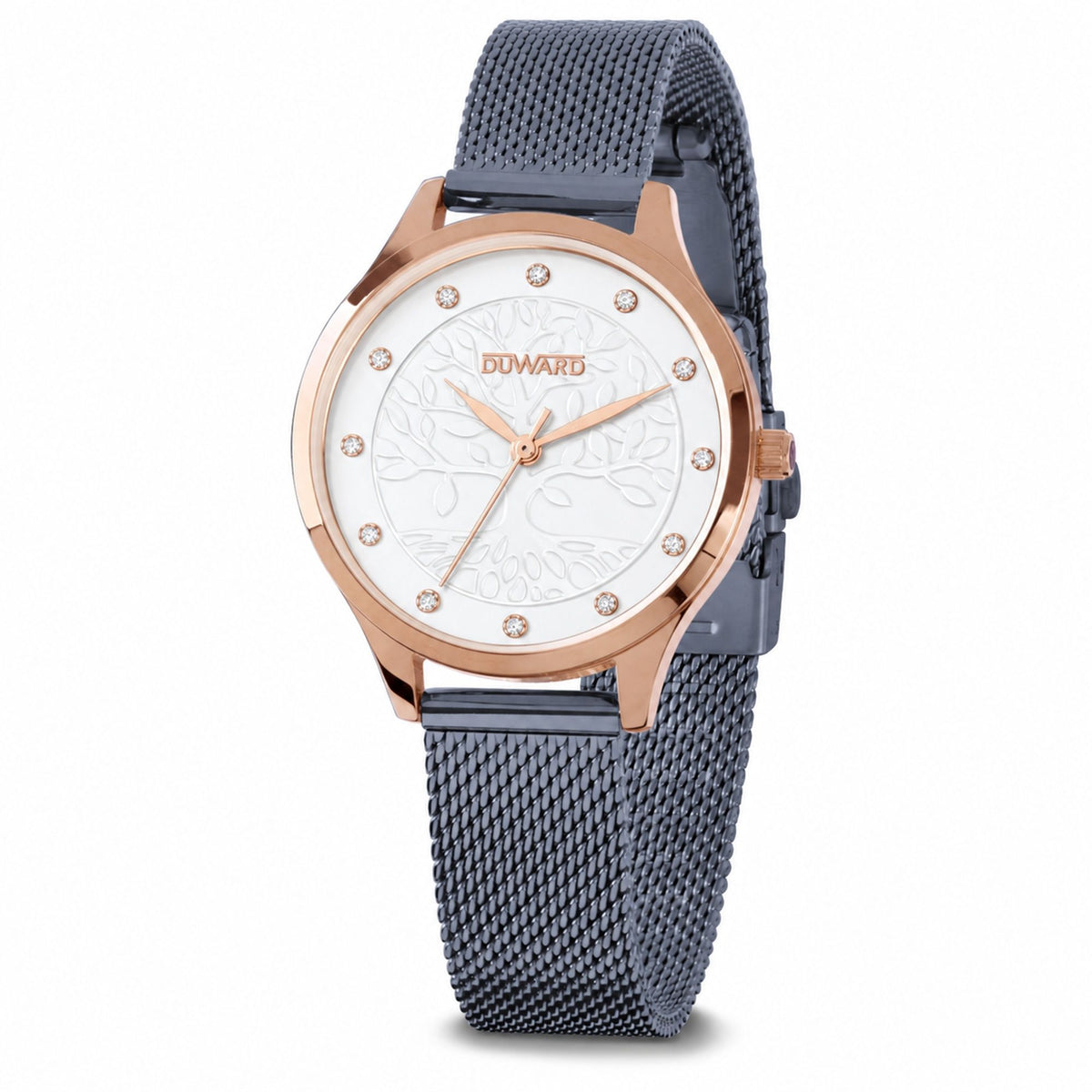 Reloj Mujer Informal caja acero IP rosada malla azul esfera blanca