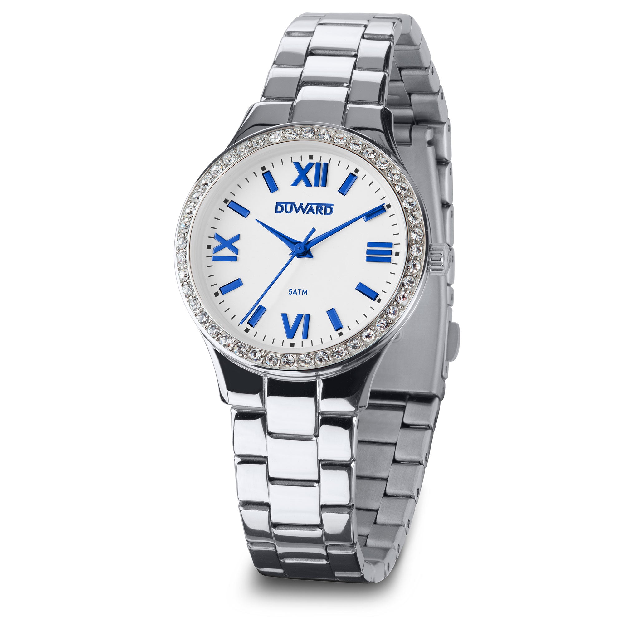 Reloj de mujer con caja y brazalete de acero esfer a blanca numeros azules