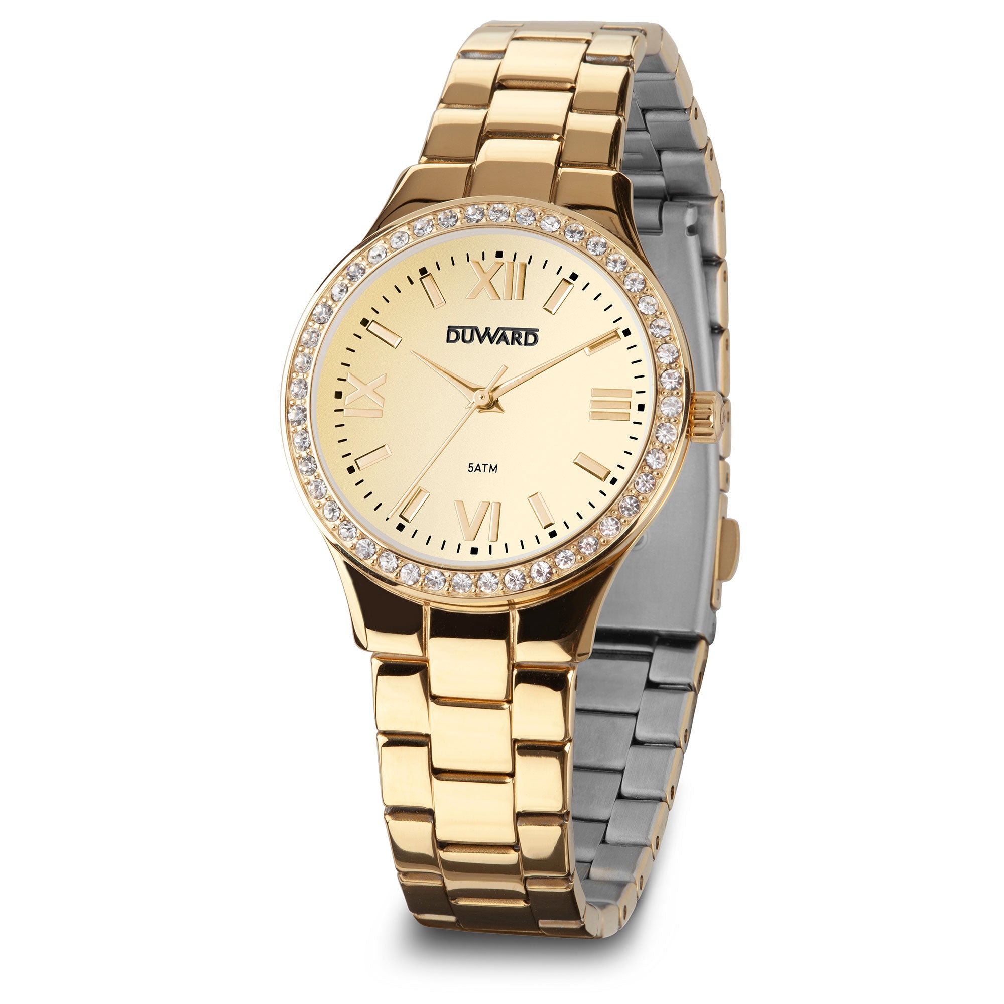 Reloj de mujer con caja y brazalete de acero ip do rado esfera dorada