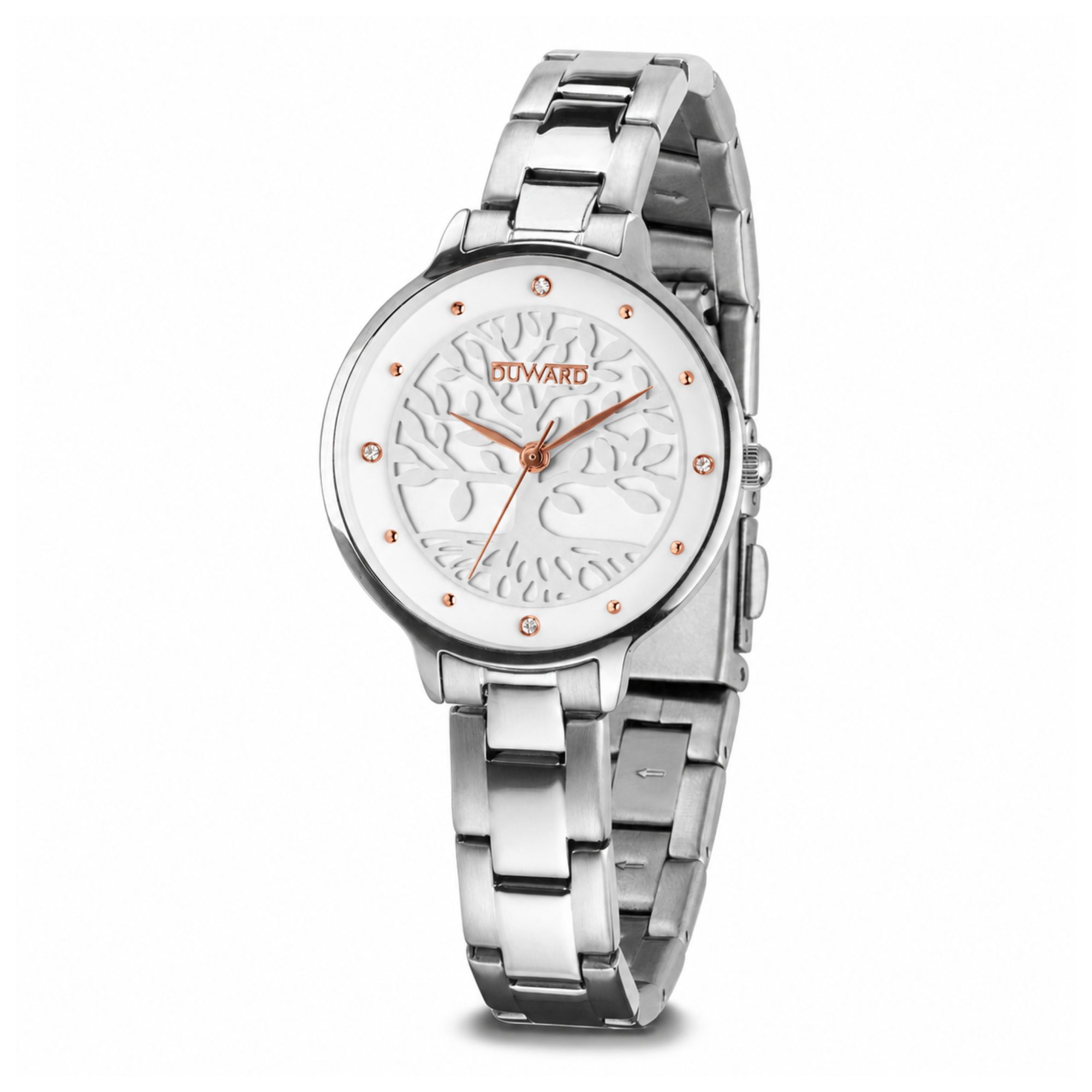 Reloj Mujer caja acero esfera blanca arbol de la v ida brazalete acero