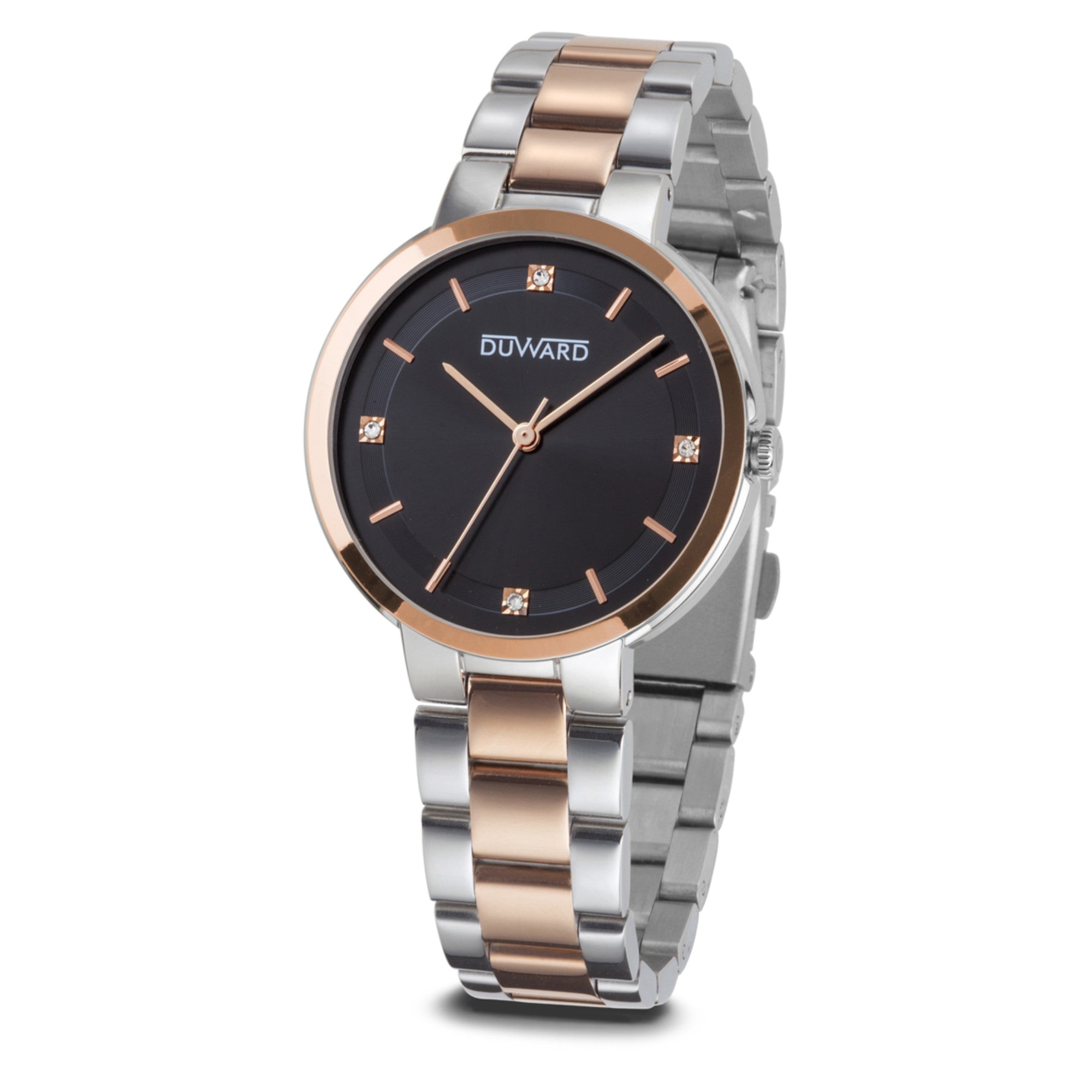 Reloj Mujer Informal caja acero IP rosada esfera negra brazalete