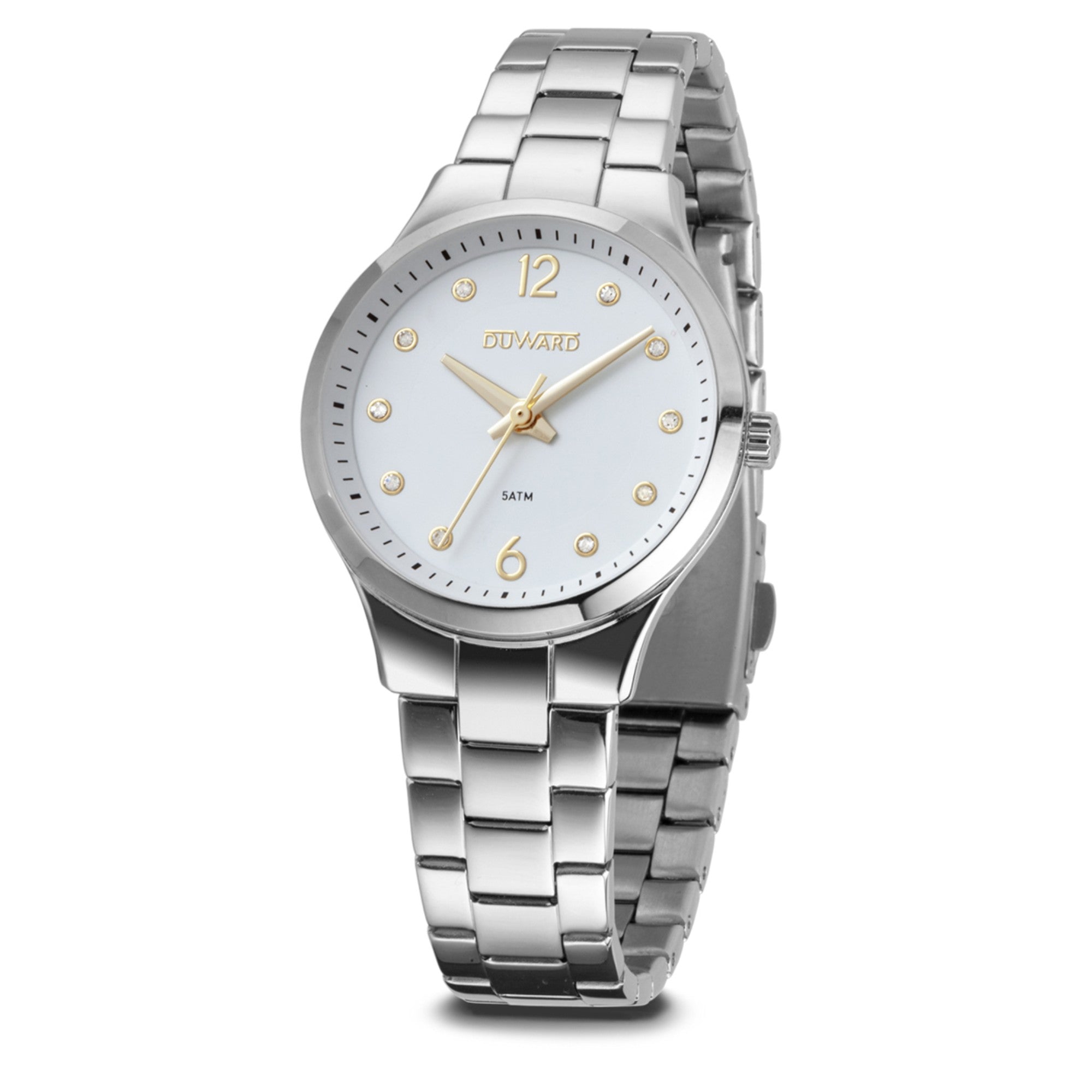 Reloj Mujer Informal caja acero esfera blanca 5 Atm brazalete acero