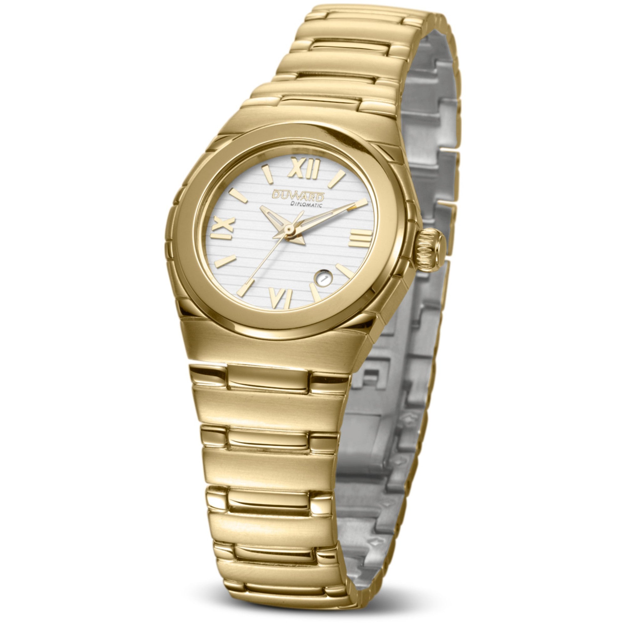 Señora Brazalete Acero IP dorado Calendario Romano esfera blanca