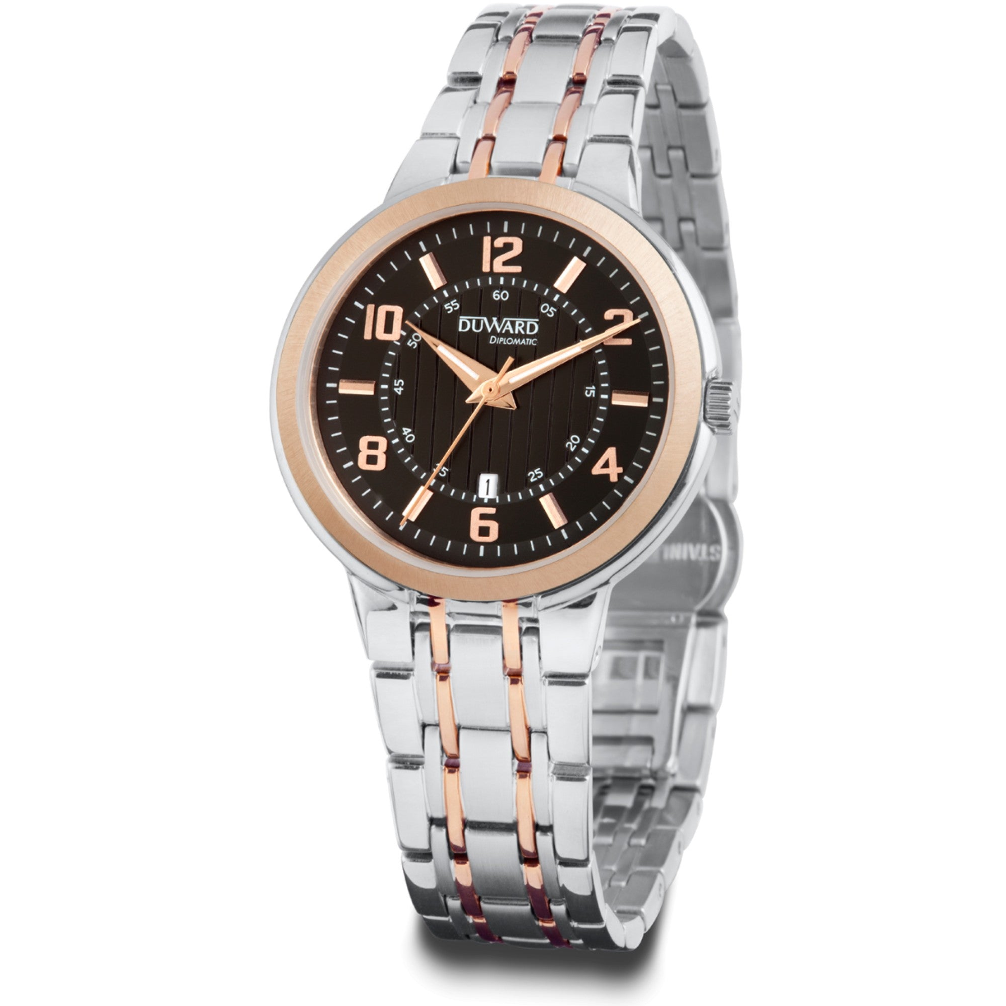 Reloj de Mujer Elegante caja acero IP rosada esfer a negra brazalete