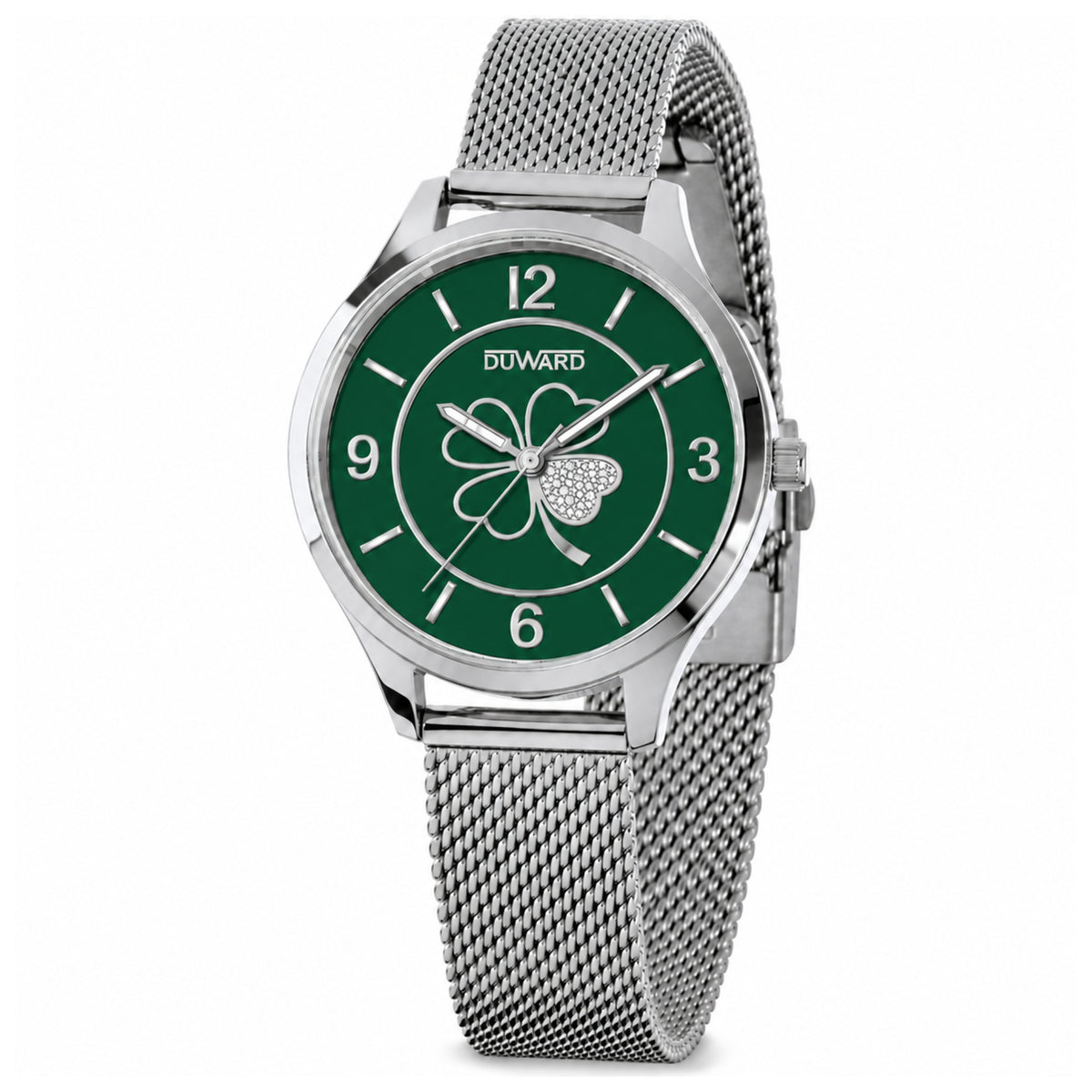 Reloj de mujer de acero y malla esfera verde  trebol