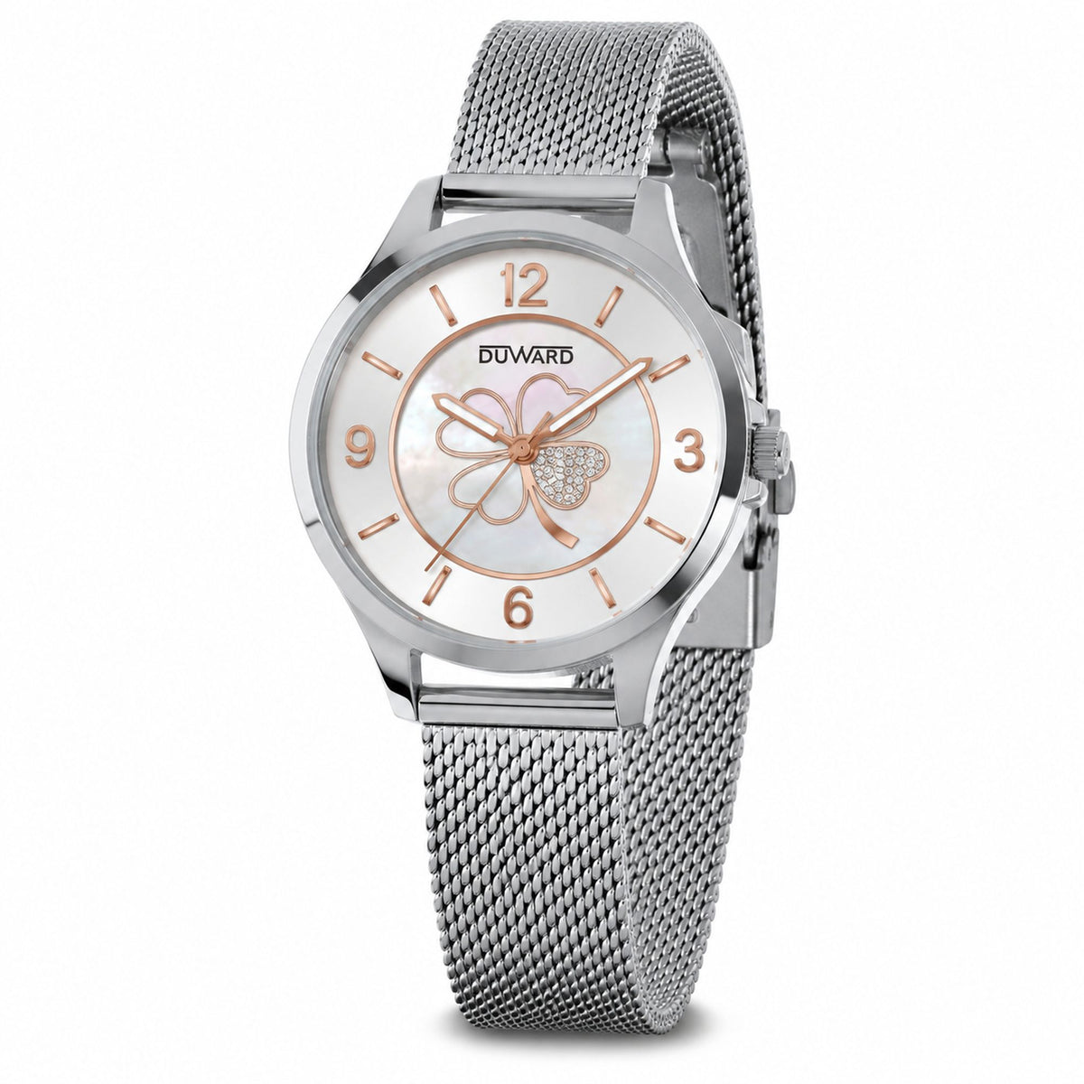 Reloj de mujer de acero y malla esfera plata rosad o trebol