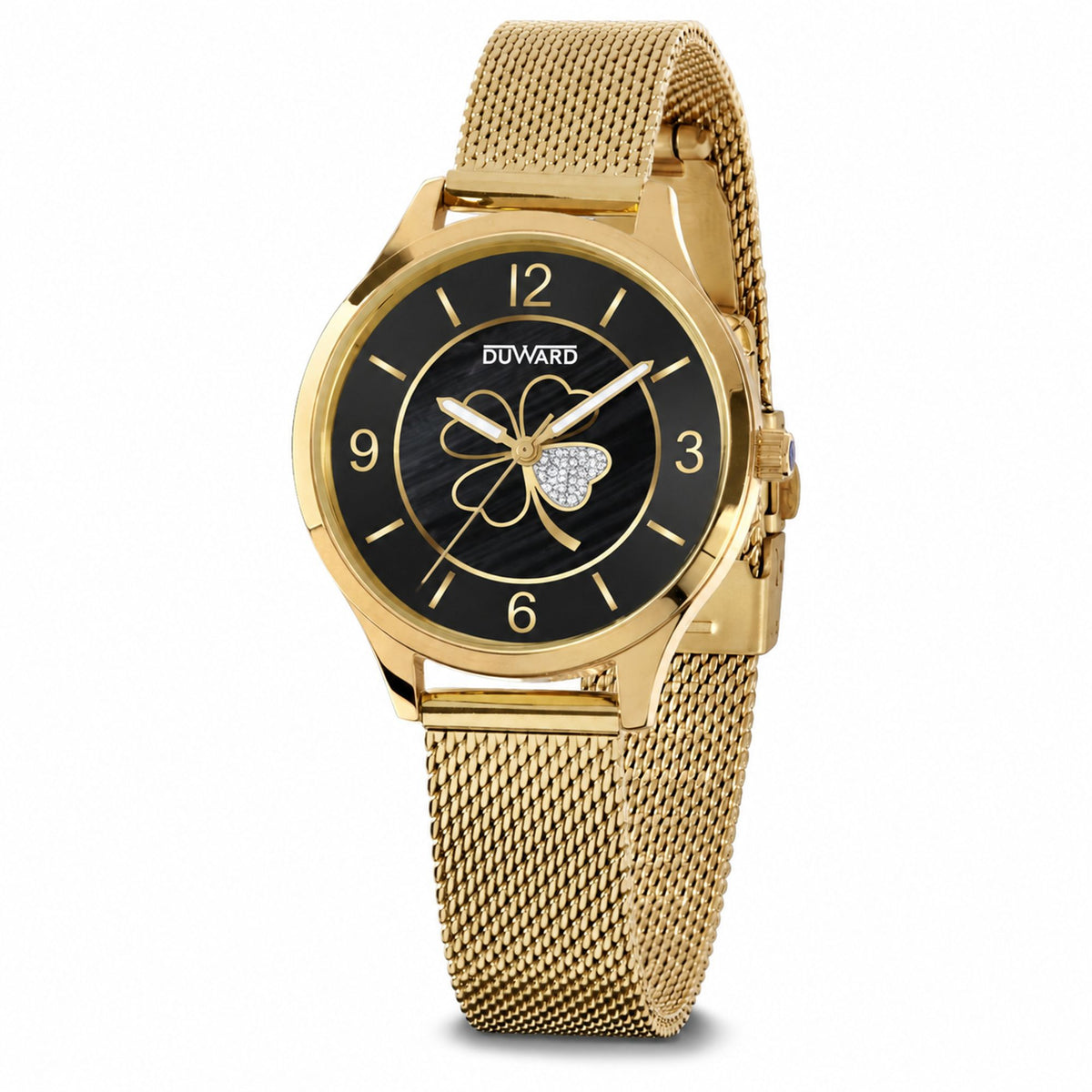 Reloj de mujer acero IPdorado esfera negra dorada  trebol