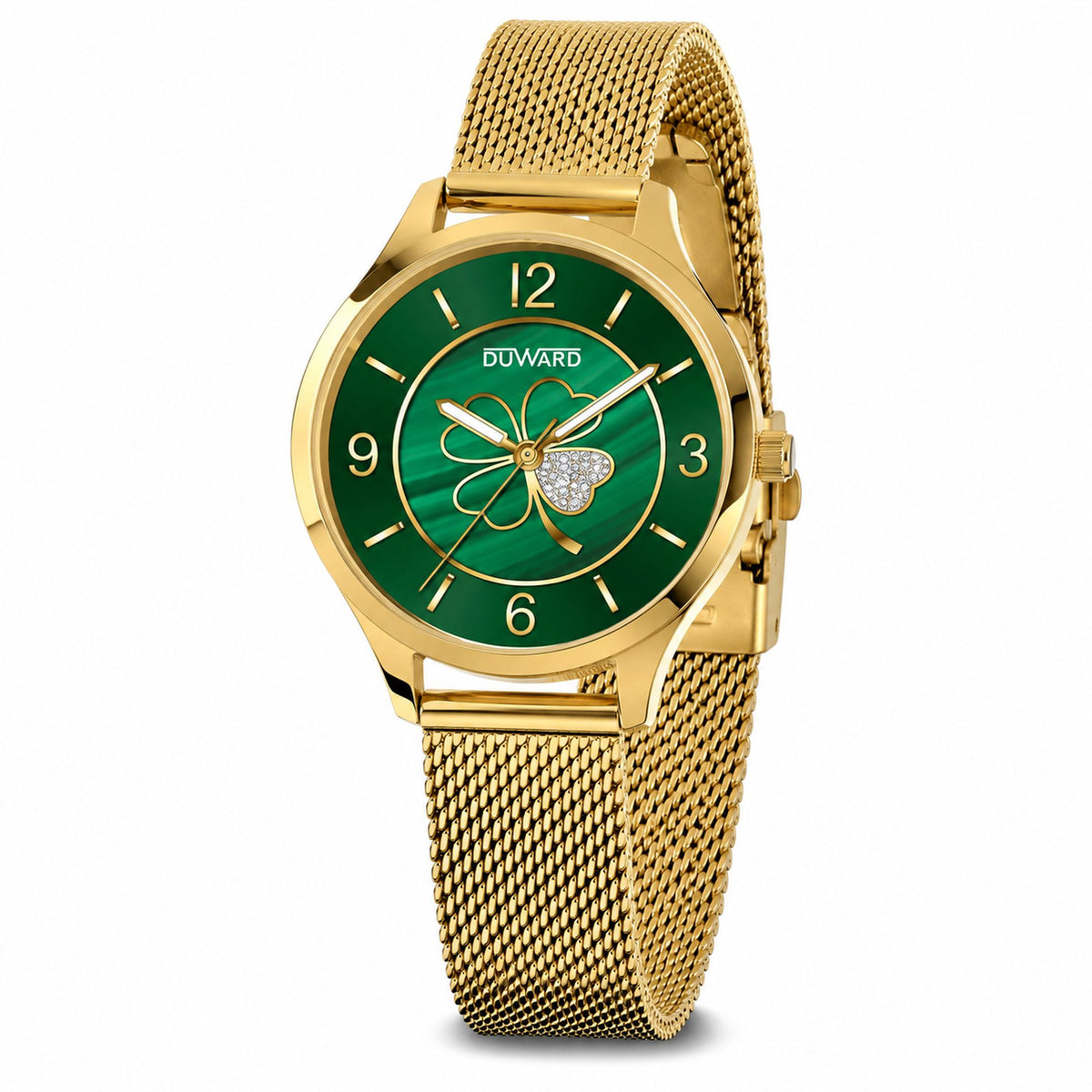 Reloj de mujer acero IPdorado esfera verde dorada  trebol