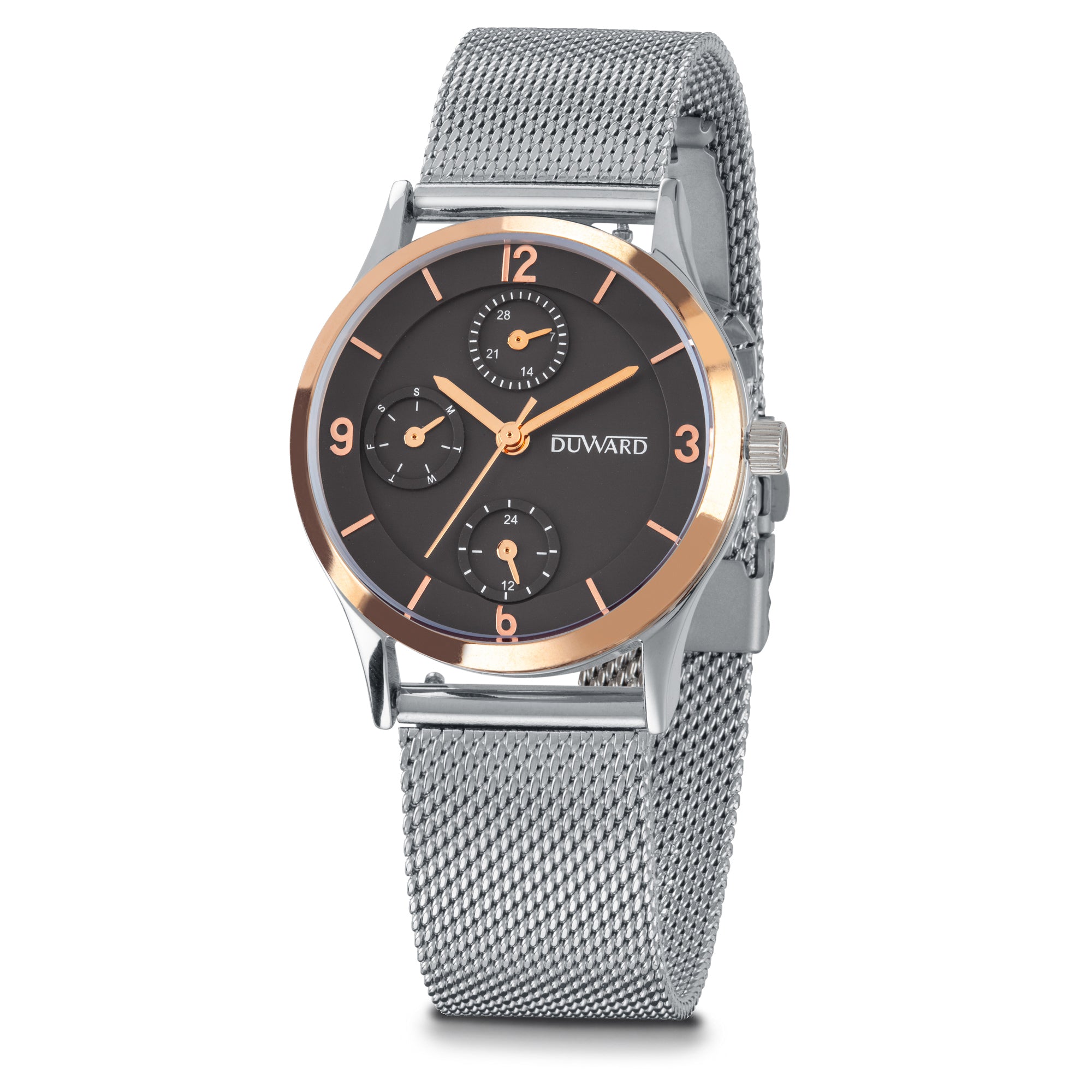 Reloj de mujer multifunción acero bisel ip rosado, 5 atm, esfera marrón