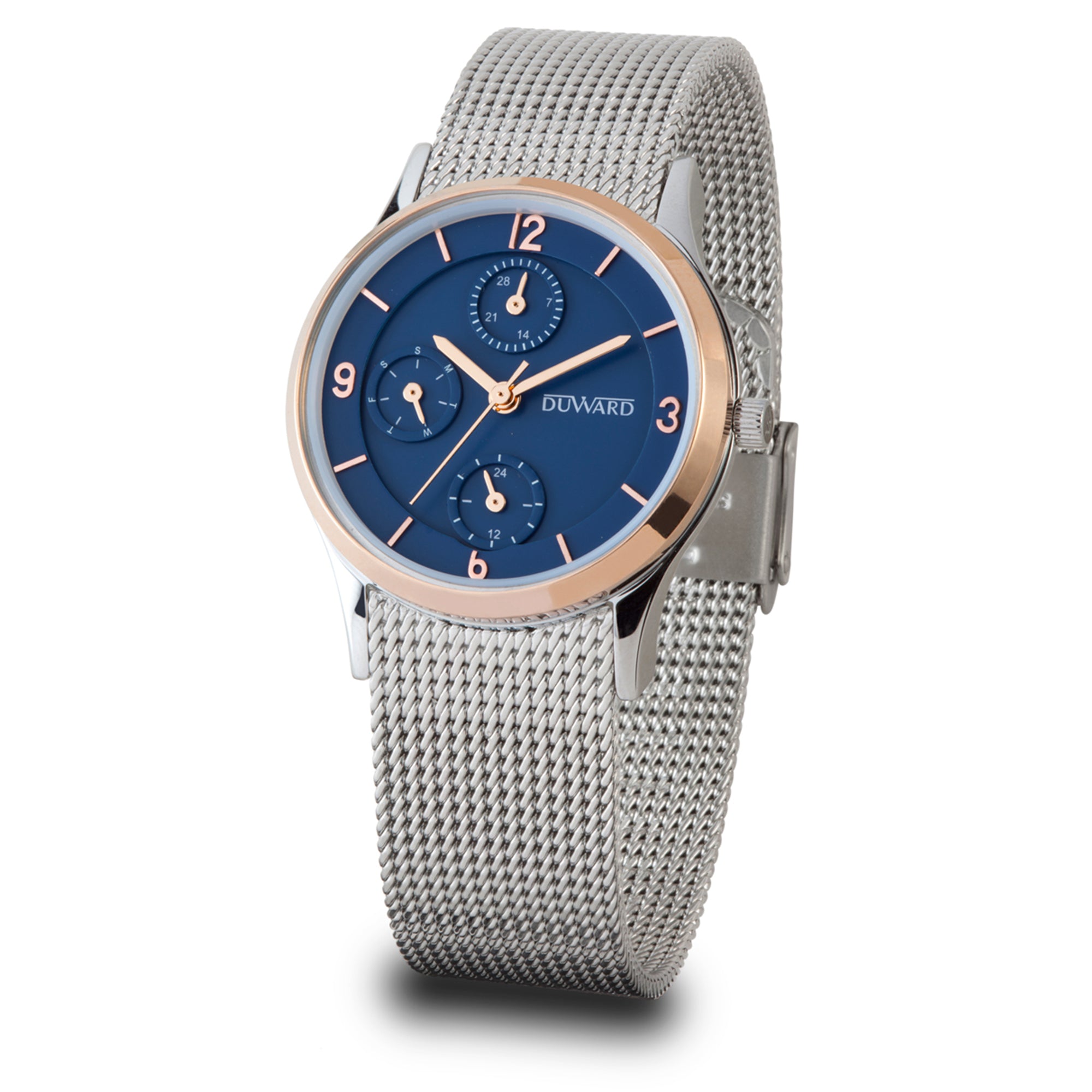 Reloj de mujer multifunción  acero e bisel en ip rosado, 5 atm, esfera  azul