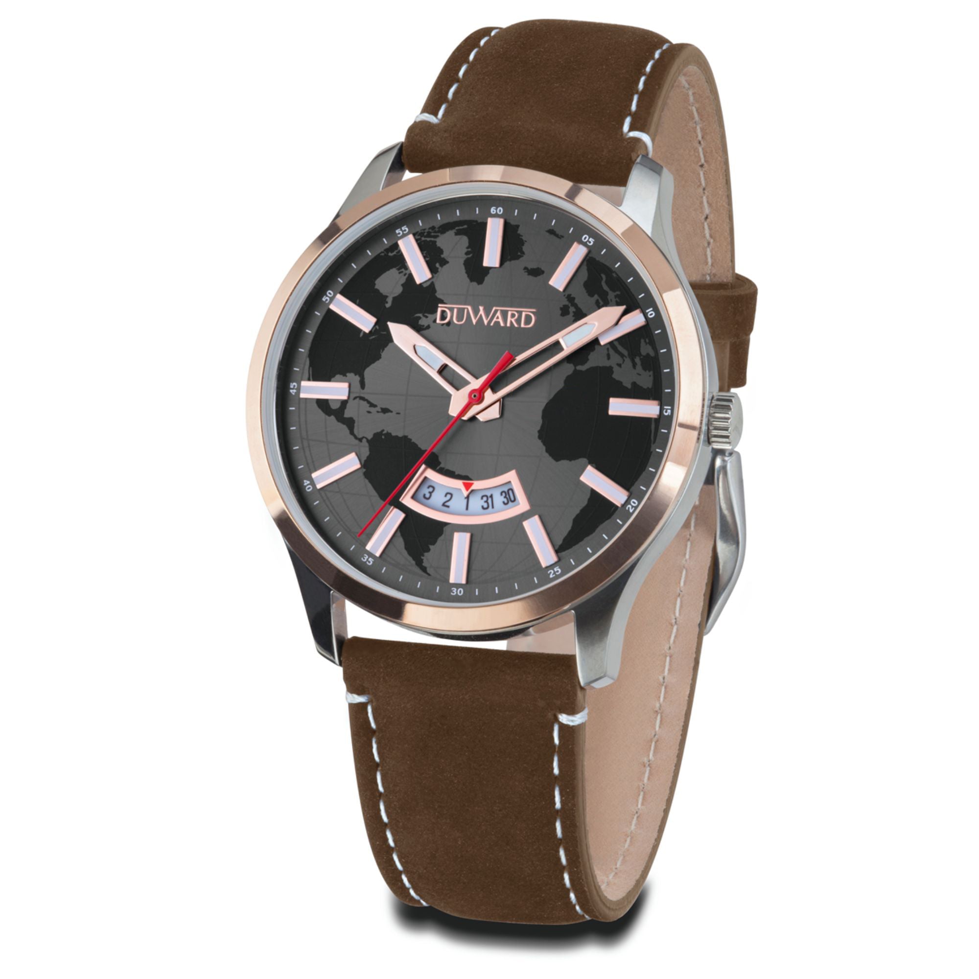 Reloj de caballero caja acero bisel dorado esfera negra correa marrón