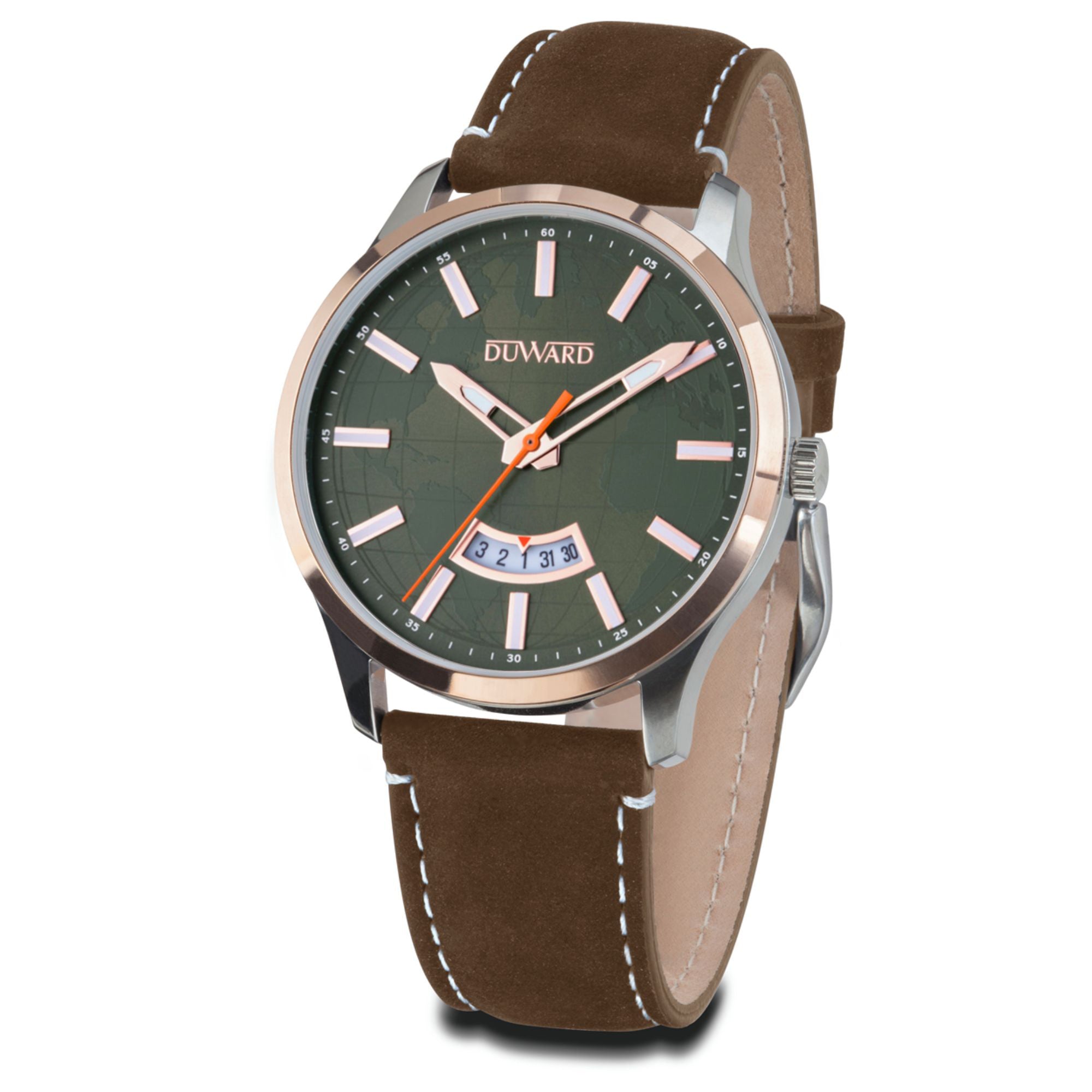 Reloj de caballero caja acero bisel dorado esfera marrón correa marrón