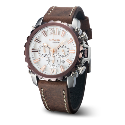 Reloj DUWARD Aquastar caja bicolor acero Ip marrón con esfera blanca 10 atm y correa de piel