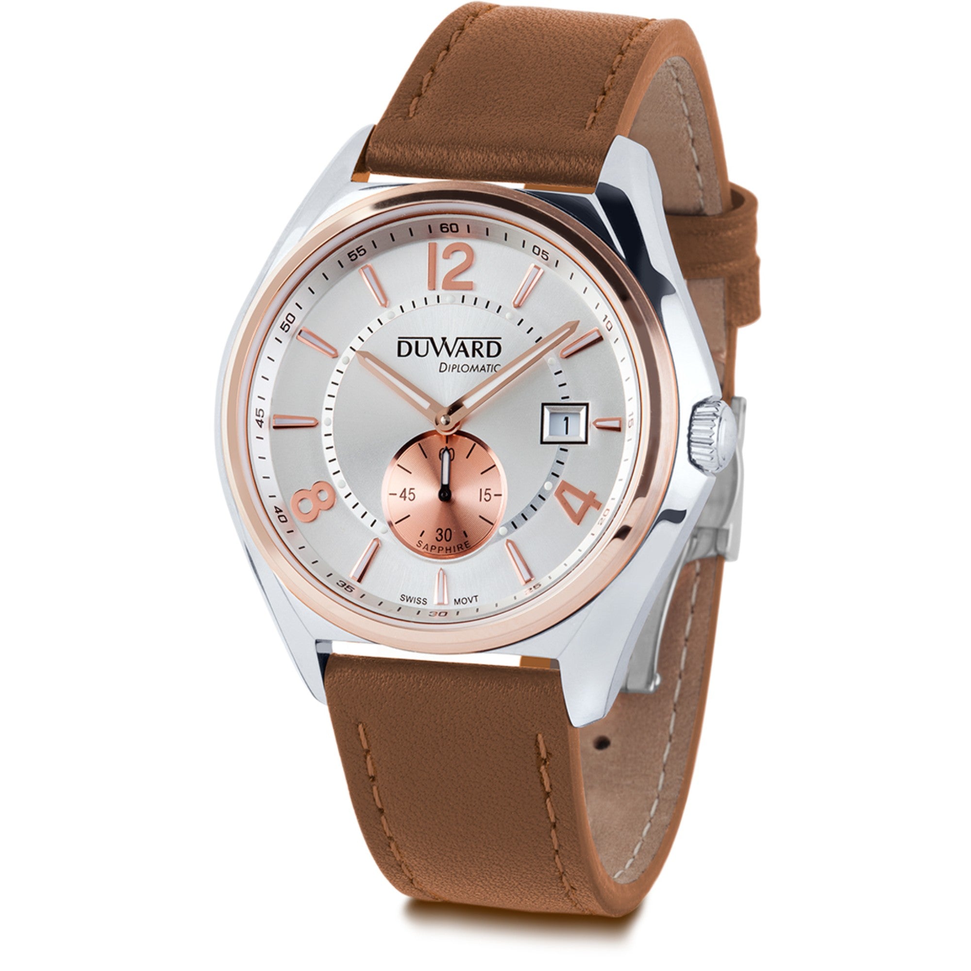 Reloj Hombre Deportivo caja acero IP rosada esfera plata 5 Atm marron