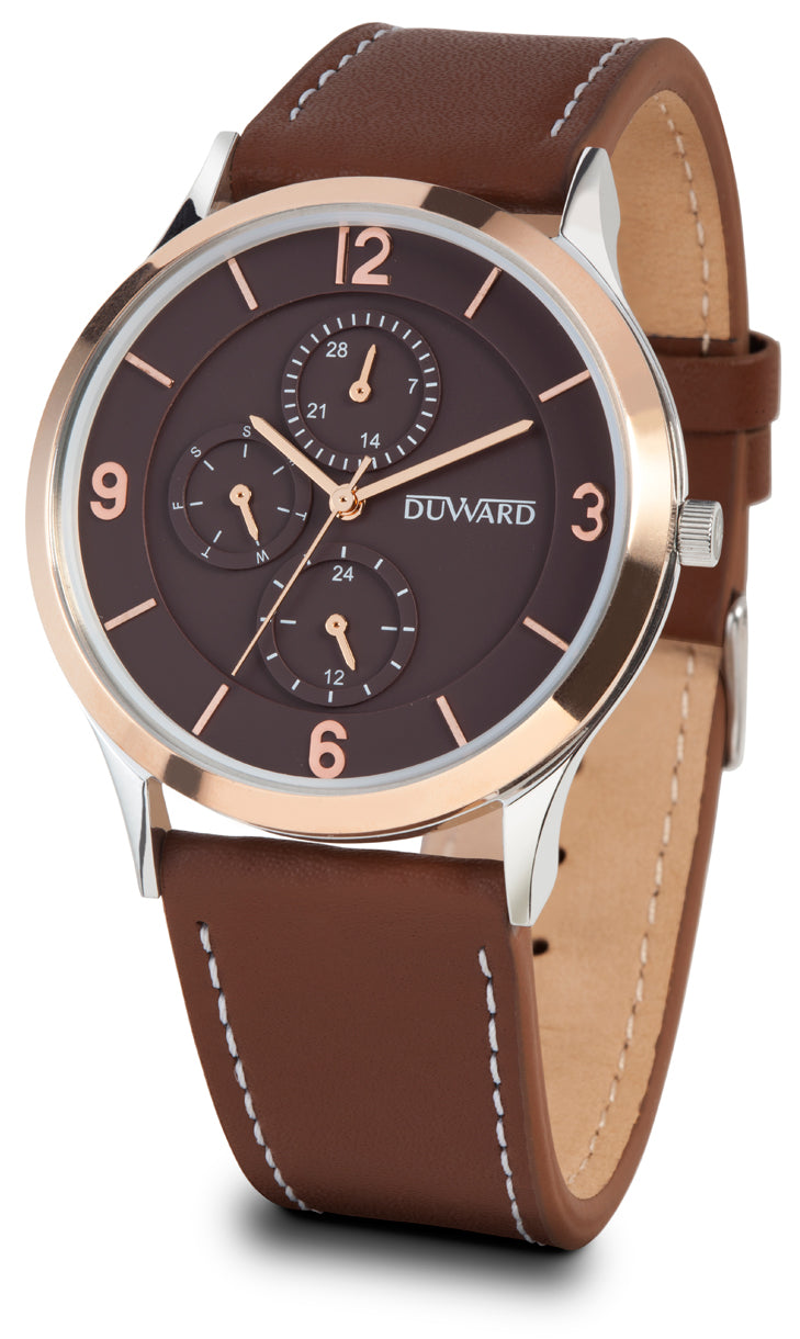 Reloj de hombre multifunción caja acero bisel ip rosado esfera marron