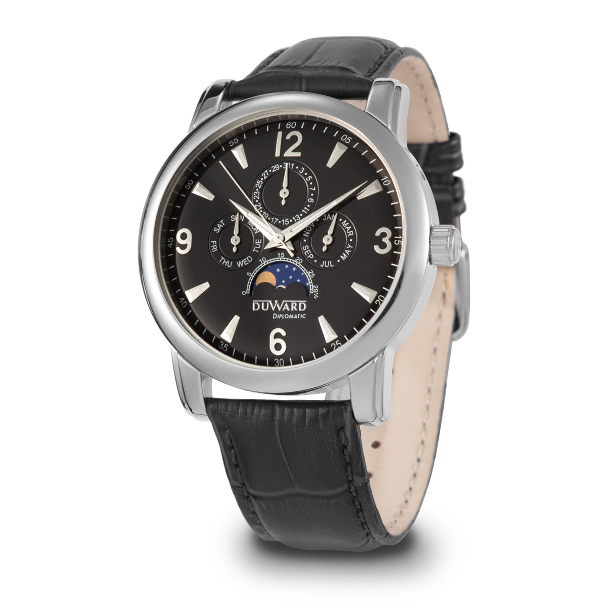 Reloj de Hombre de acero Multifunción con fase lunar con  correa negra
